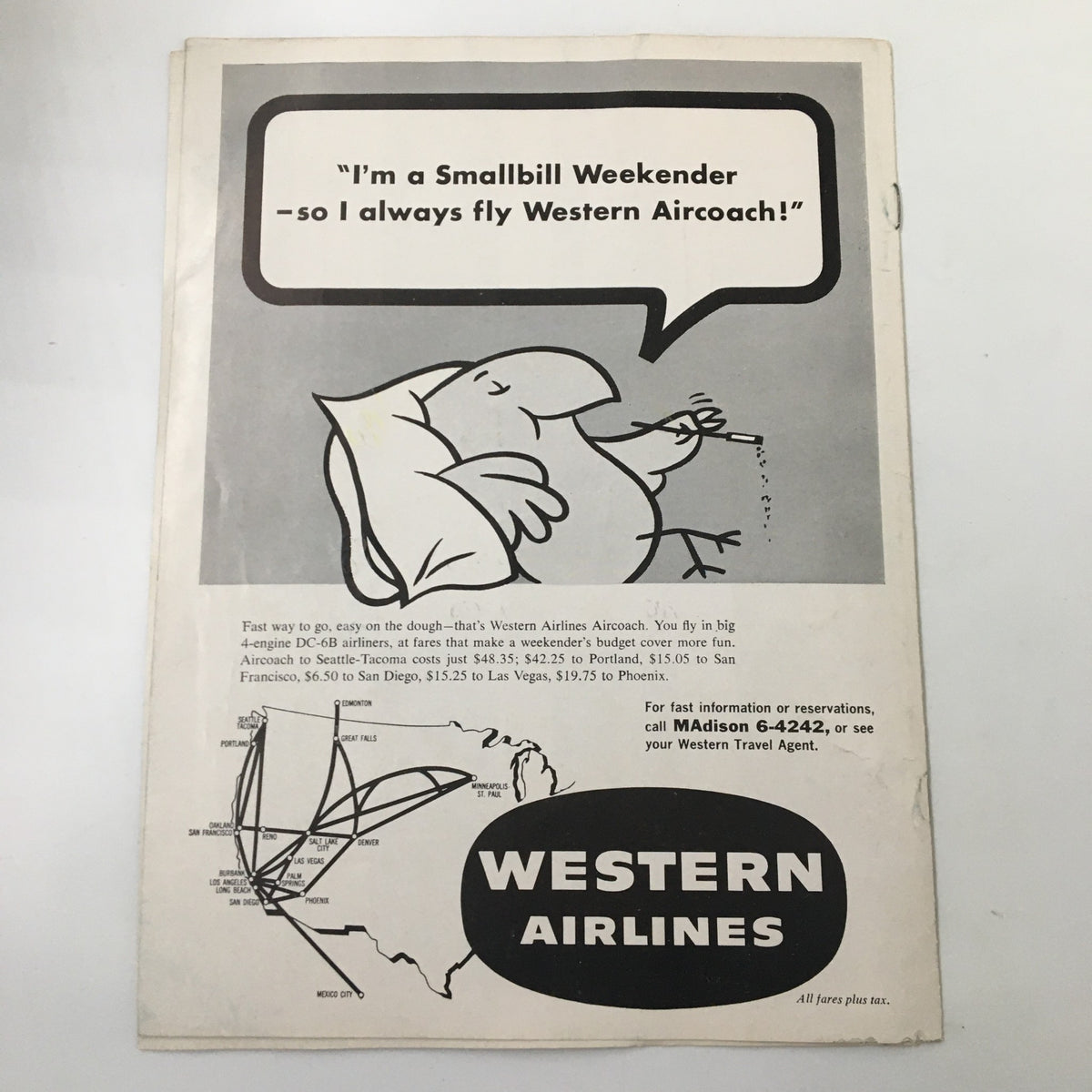 Reverse side of the February 7, 1959 NCAA Basketball program featuring an advertisement for Western Airlines with a humorous graphic, showcasing mid-20th century marketing.