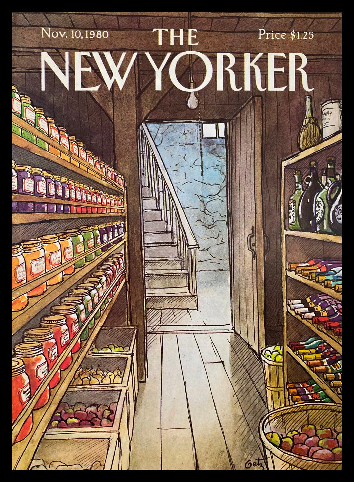 COVER ONLY The New Yorker November 10 1980, illustrated by Arthur Getz, depicting a cozy cellar scene with shelves of jars and stairs leading up.