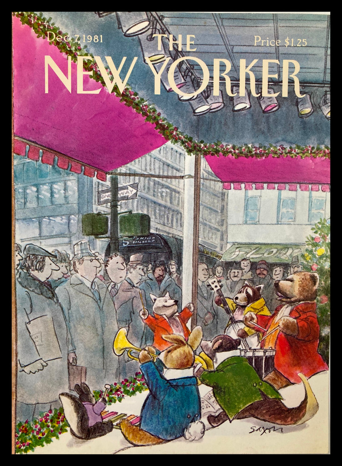 COVER ONLY The New Yorker December 7 1981 Animals by Charles Saxon, featuring whimsical animals playing musical instruments amid a festive city scene.