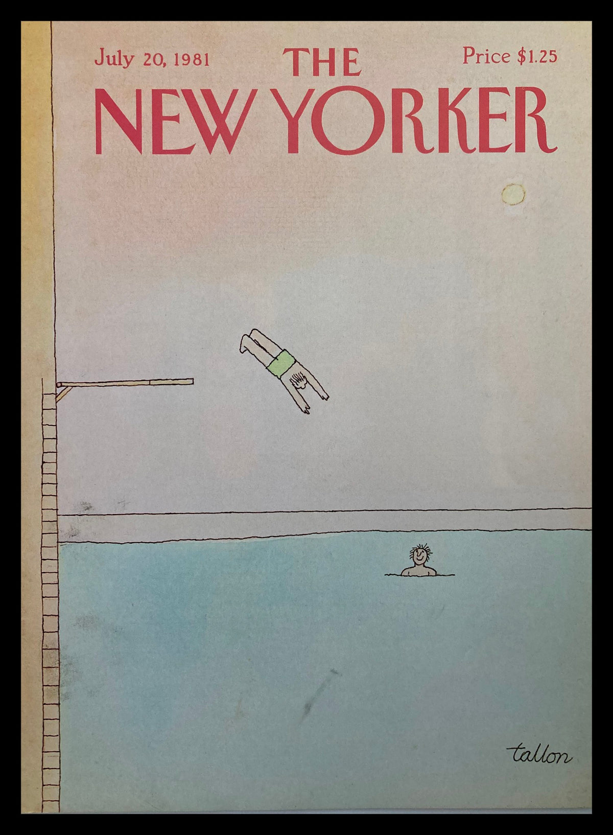 Cover only of The New Yorker, July 20, 1981, featuring a whimsical dive scene illustrated by Robert Tallon, showcasing a diver and swimmer in a serene pool setting.