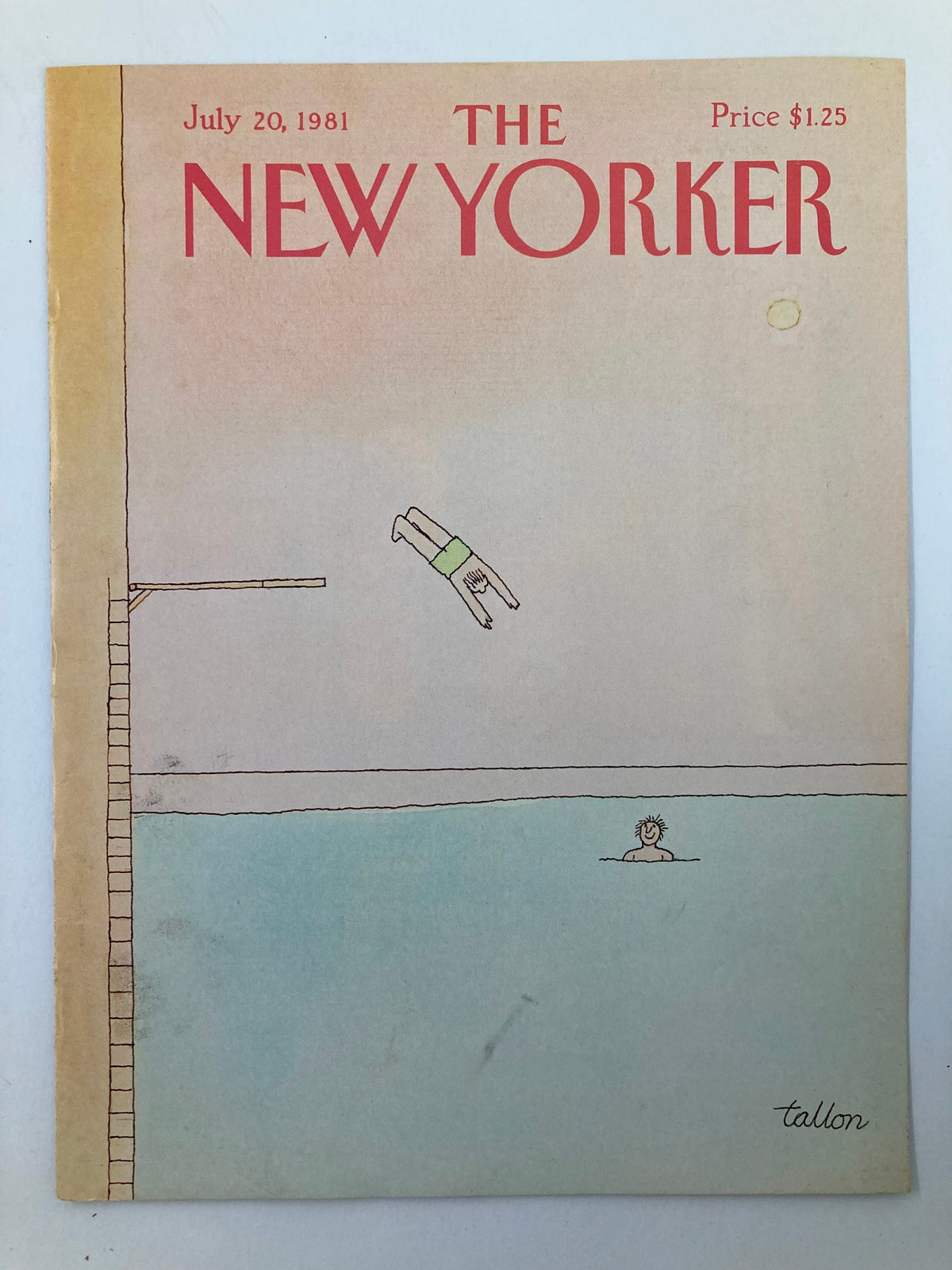 The New Yorker cover from July 20, 1981, depicting a colorful illustration of a diver preparing to leap into a swimming pool, designed by artist Robert Tallon.