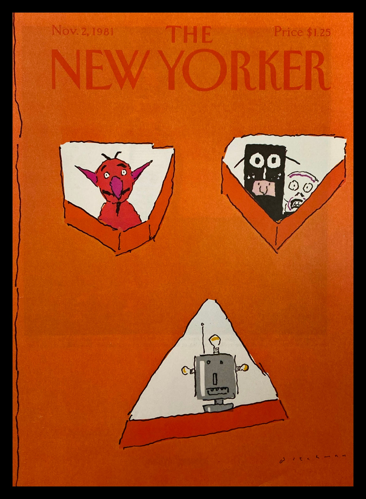Cover only of The New Yorker November 2, 1981, featuring artwork by R.O. Blechman, depicting colorful cartoon characters on an orange background.