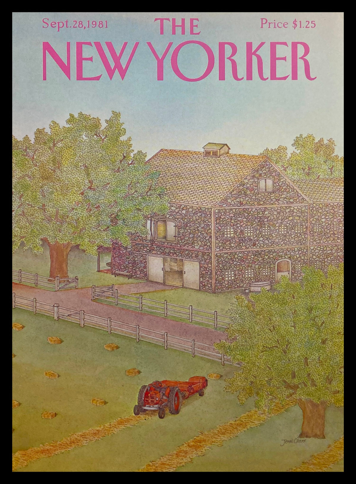 Cover art of The New Yorker magazine from September 28, 1981, featuring the illustration 'Farm Life' by Jenni Oliver, showcasing a serene rural scene with a red tractor and a stone house.