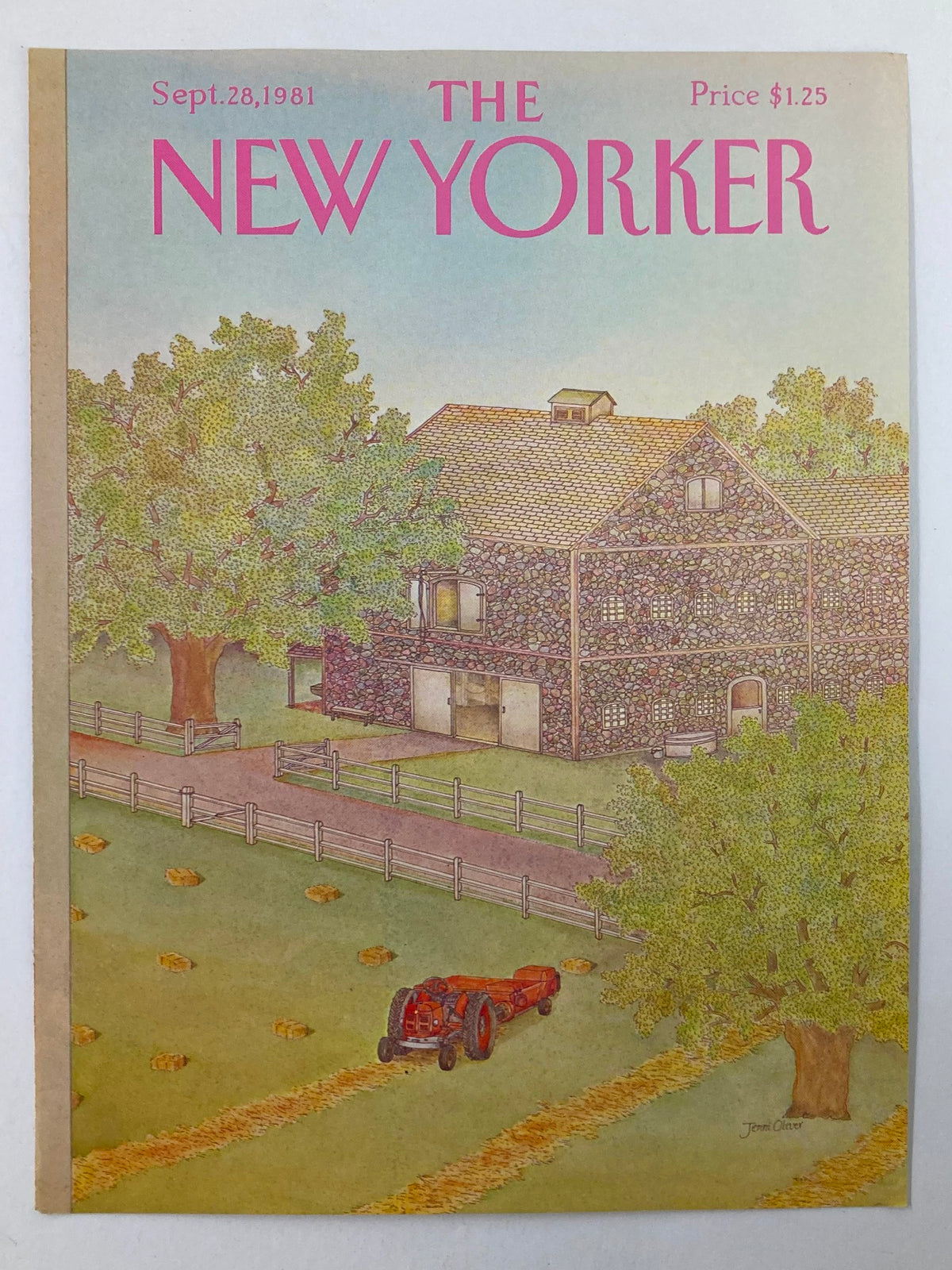 Cover only version of The New Yorker from September 28, 1981, illustrated by Jenni Oliver, depicting farm life with a vintage style featuring a red tractor and a picturesque farmhouse.