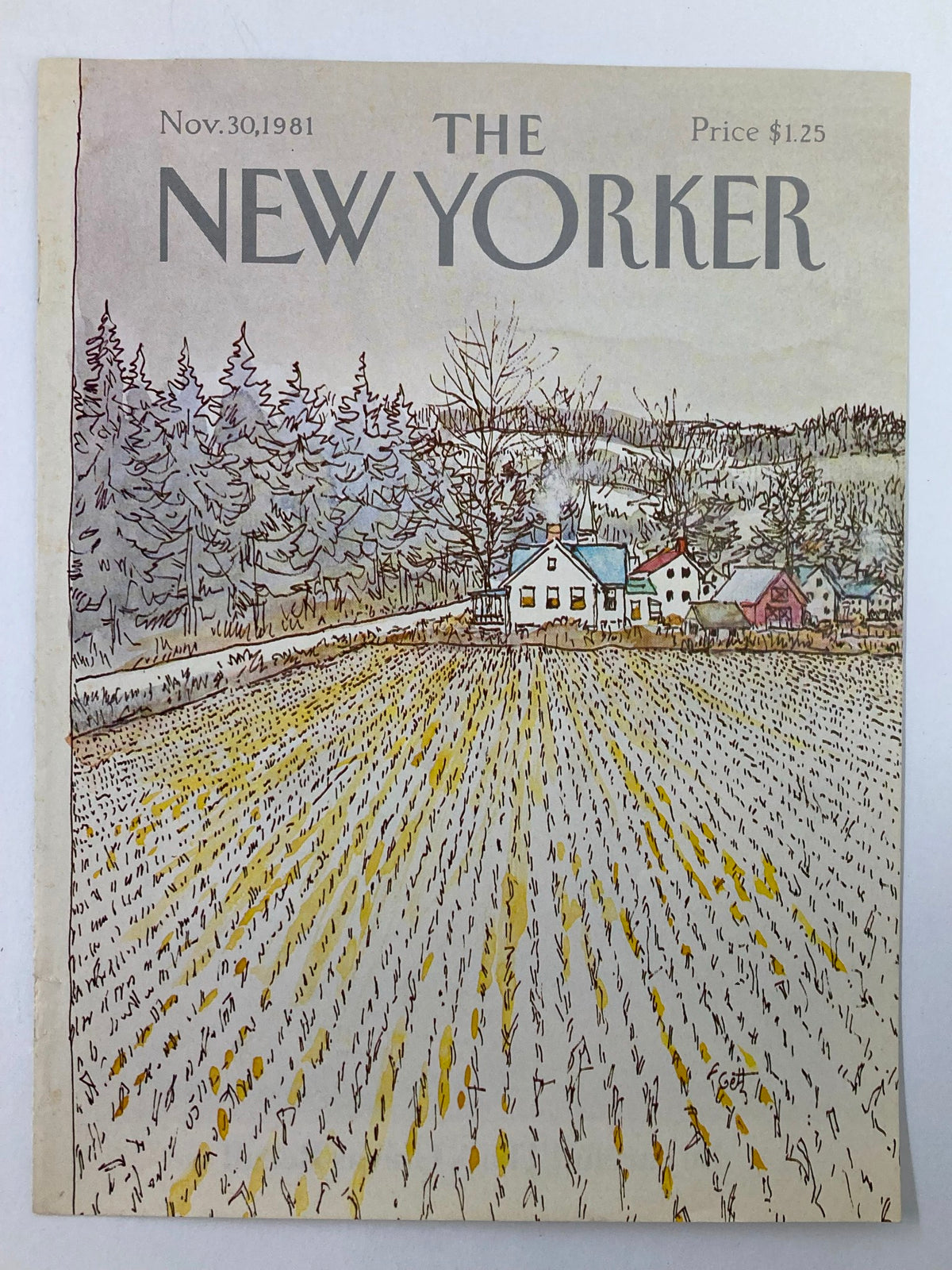 The New Yorker magazine cover from November 30, 1981, showcasing an artwork by Arthur Getz depicting a serene rice field setting.