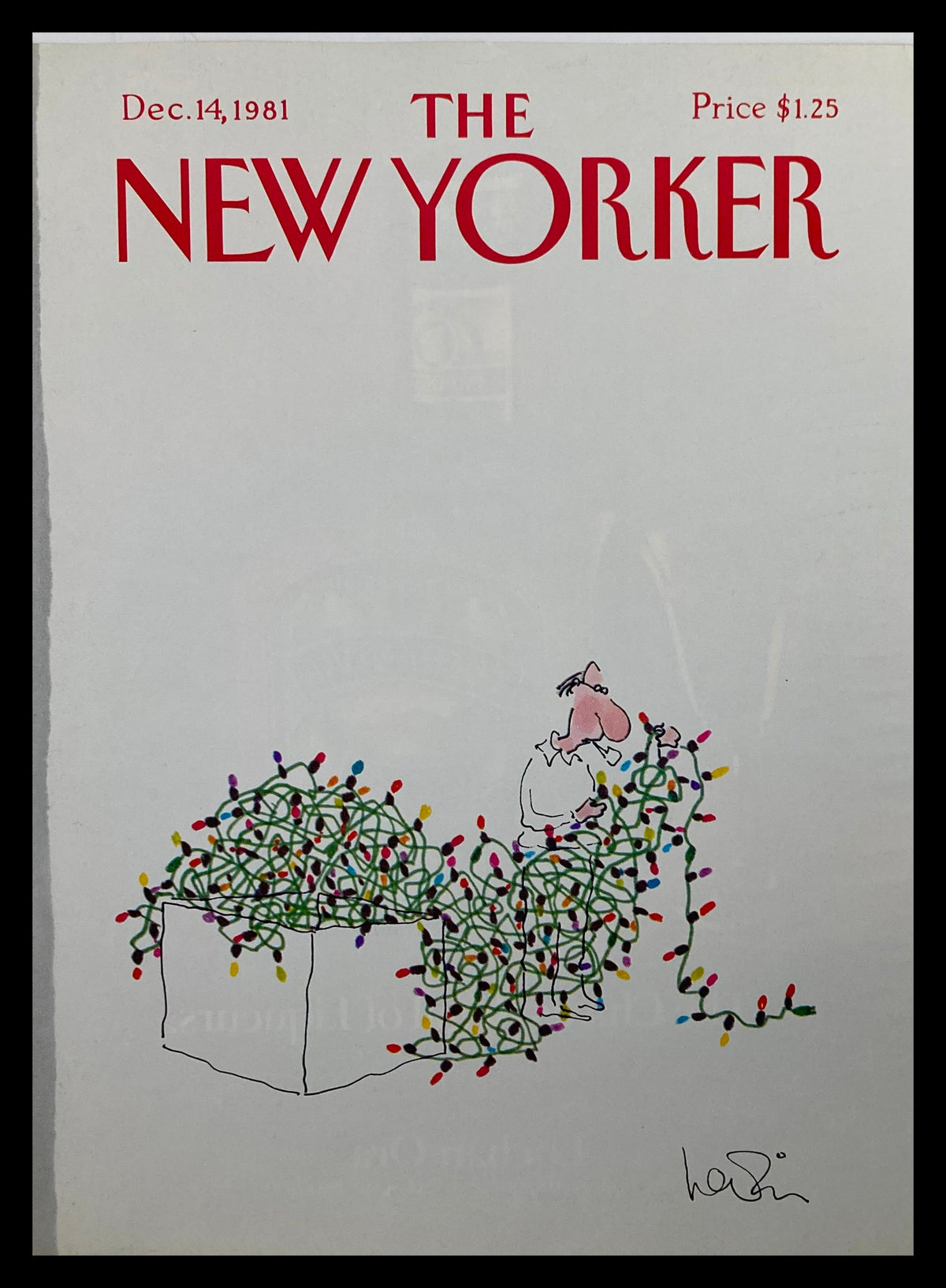 COVER ONLY The New Yorker December 14 1981, featuring a humorous illustration of a man tangled in colorful Christmas lights by artist Heidi Goennel.