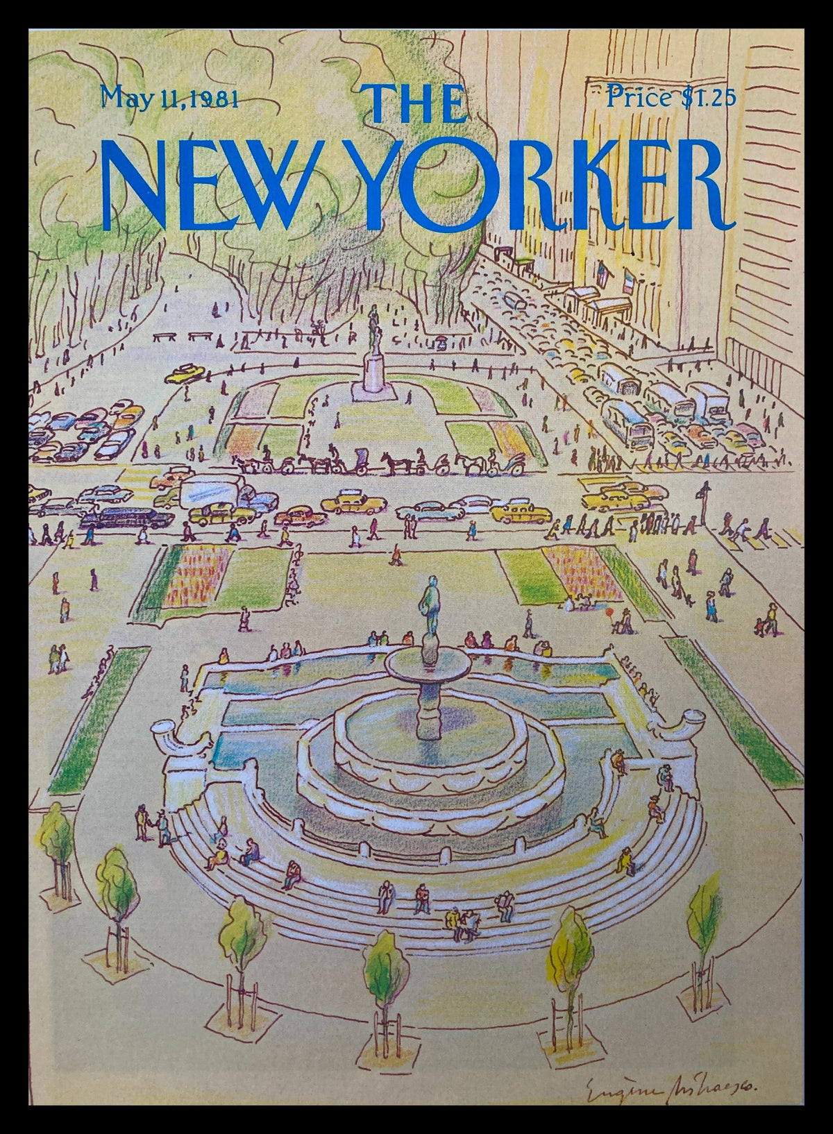 Cover of The New Yorker dated May 11, 1981, featuring the artwork 'Rotunda' by Eugène Mihaesco, depicting a scenic view of a fountain with people and vehicles in a park setting.