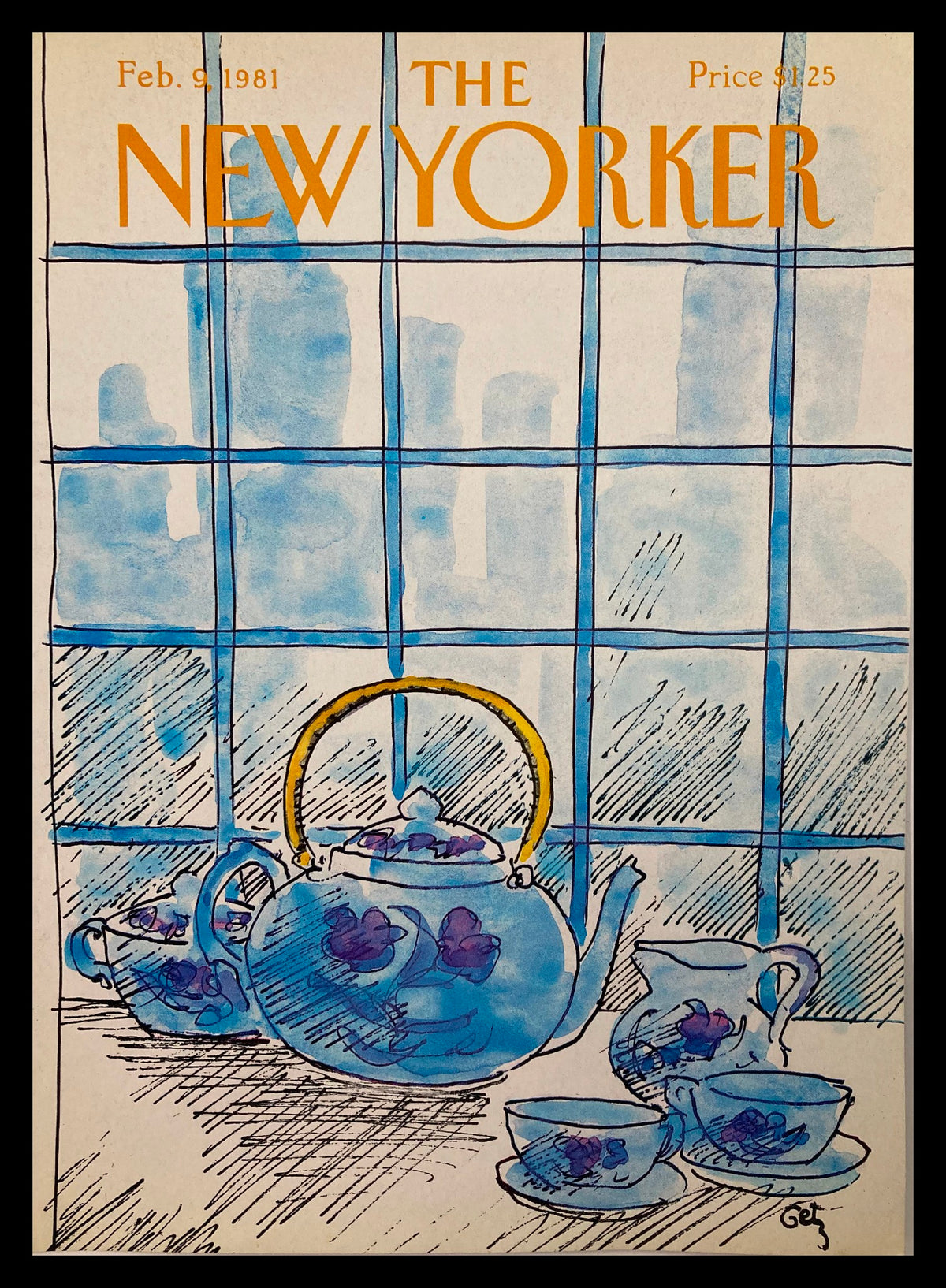 Cover of The New Yorker February 9, 1981 featuring the 'Kettle Family' illustration by Arthur Getz, showcasing a vibrant blue teapot and teacups with a window view.