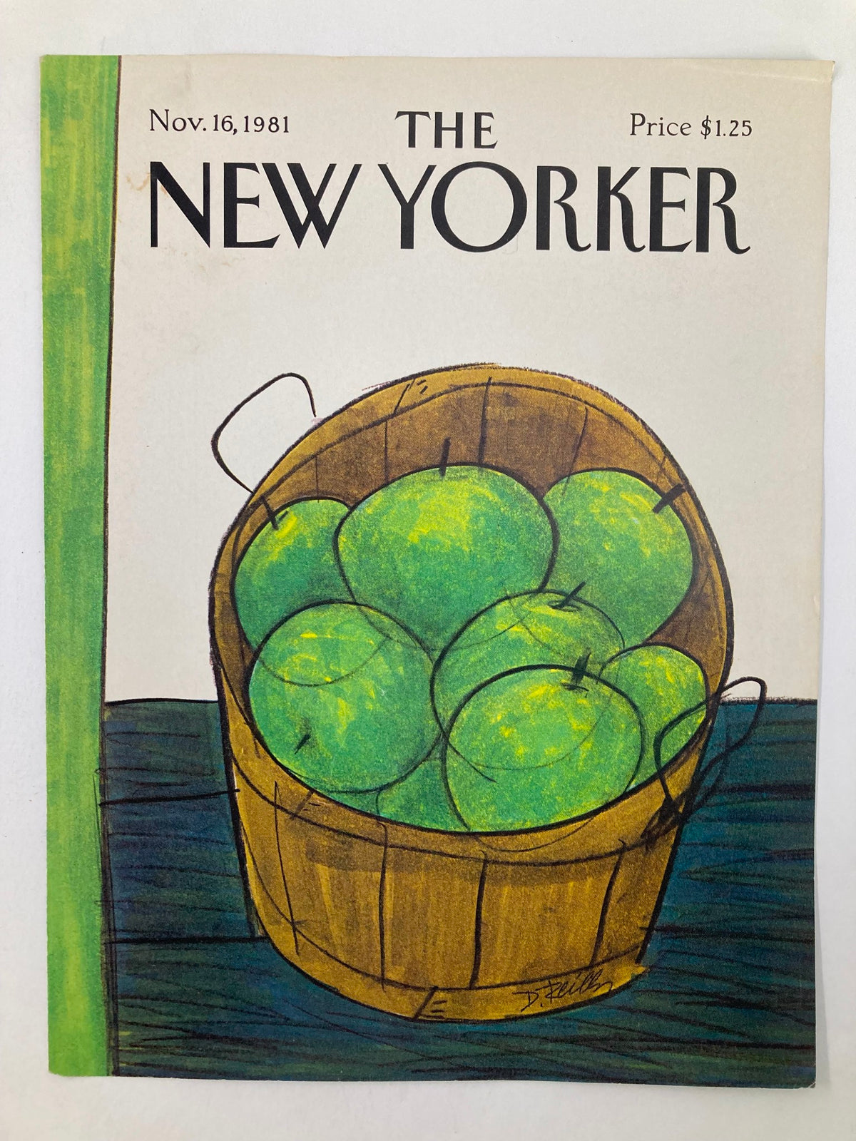 Cover of The New Yorker, November 16, 1981, featuring a vibrant illustration of a basket of green apples by Donald Reilly.