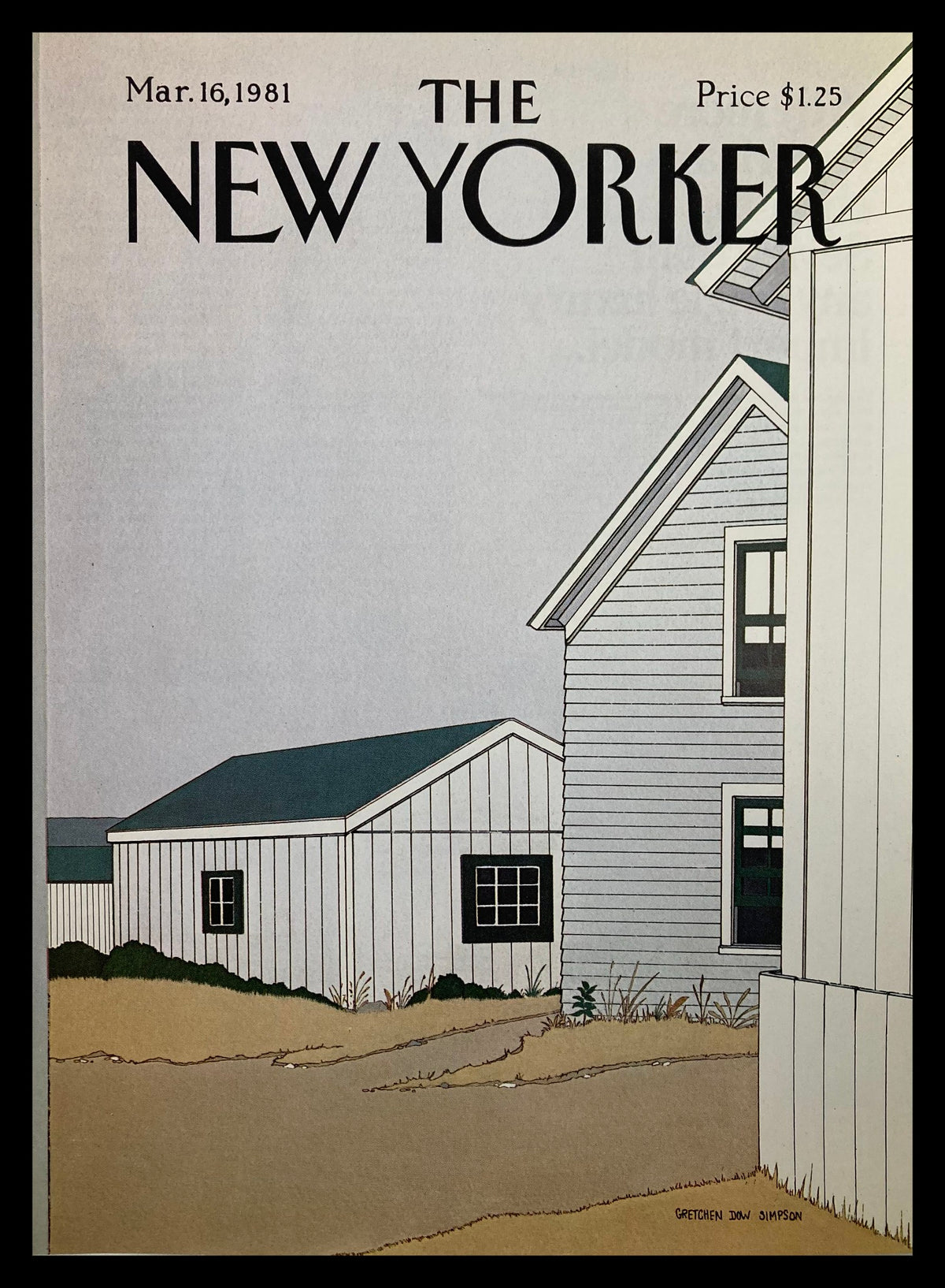 COVER ONLY The New Yorker March 16 1981 featuring the artwork 'White Houses' by G. D. Simpson, showcasing a minimalist illustration of white houses and a grassy landscape.