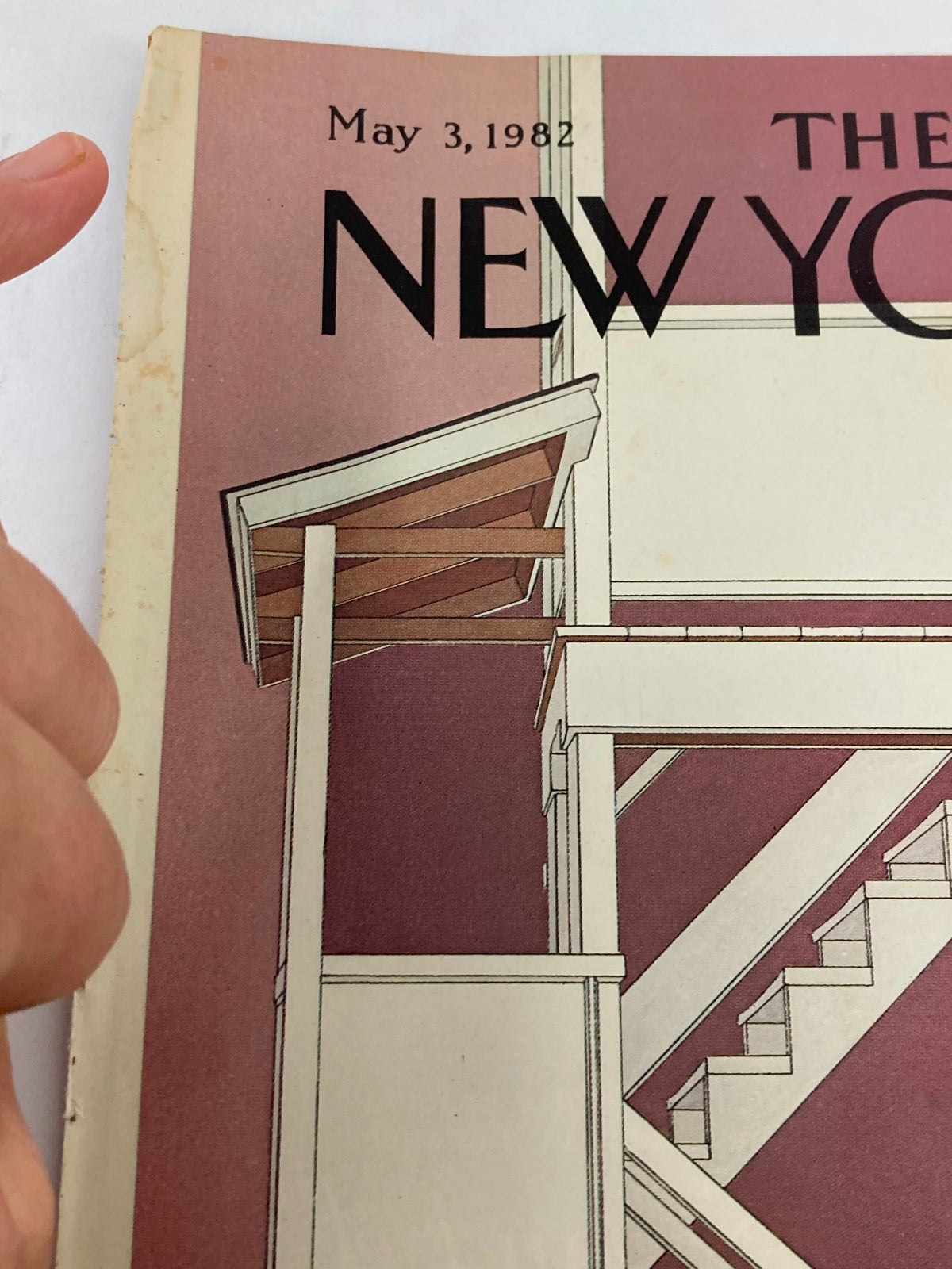 Close-up view of the top section of The New Yorker cover from May 3, 1982, titled 'Going Up' by Gretchen Dow Simpson, highlighting the illustration details and magazine title.