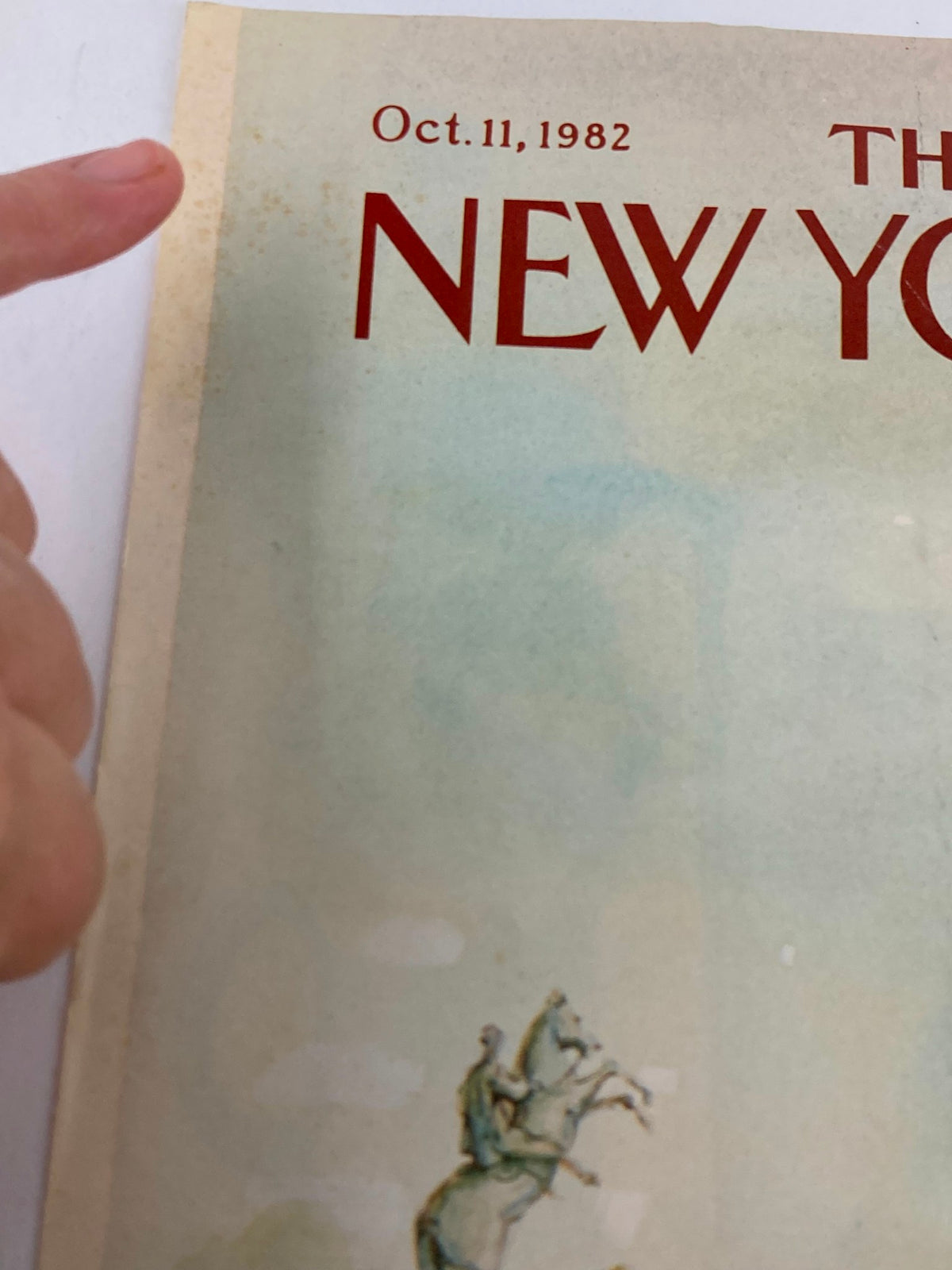 The New Yorker Cover - Coach & Horse by Paul Degen, October 11, 1982, showing the top corner of the magazine with date and title, depicting a vintage carriage and horse.