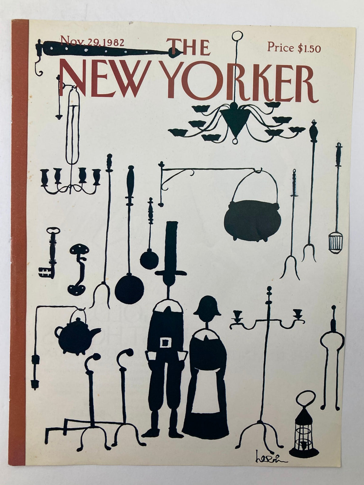 COVER ONLY The New Yorker November 29 1982 with 'Black Things' design by Heidi G, displaying black shapes of kitchenware and two figures against a light background.