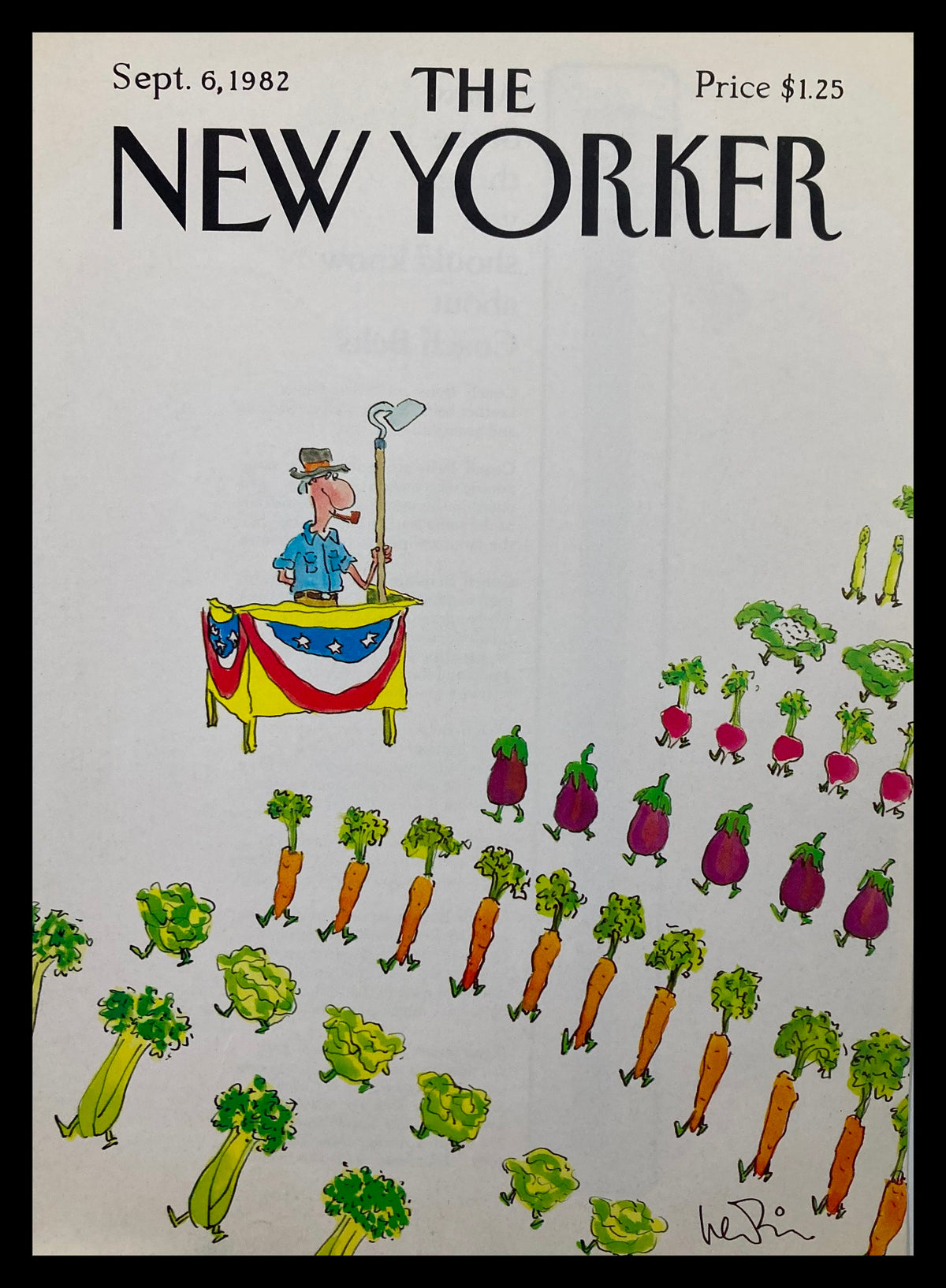 The New Yorker September 6, 1982 cover titled 'Army of Greens' featuring a whimsical illustration of a farmer at a market surrounded by caricatures of various vegetables like carrots, broccoli, and eggplants.