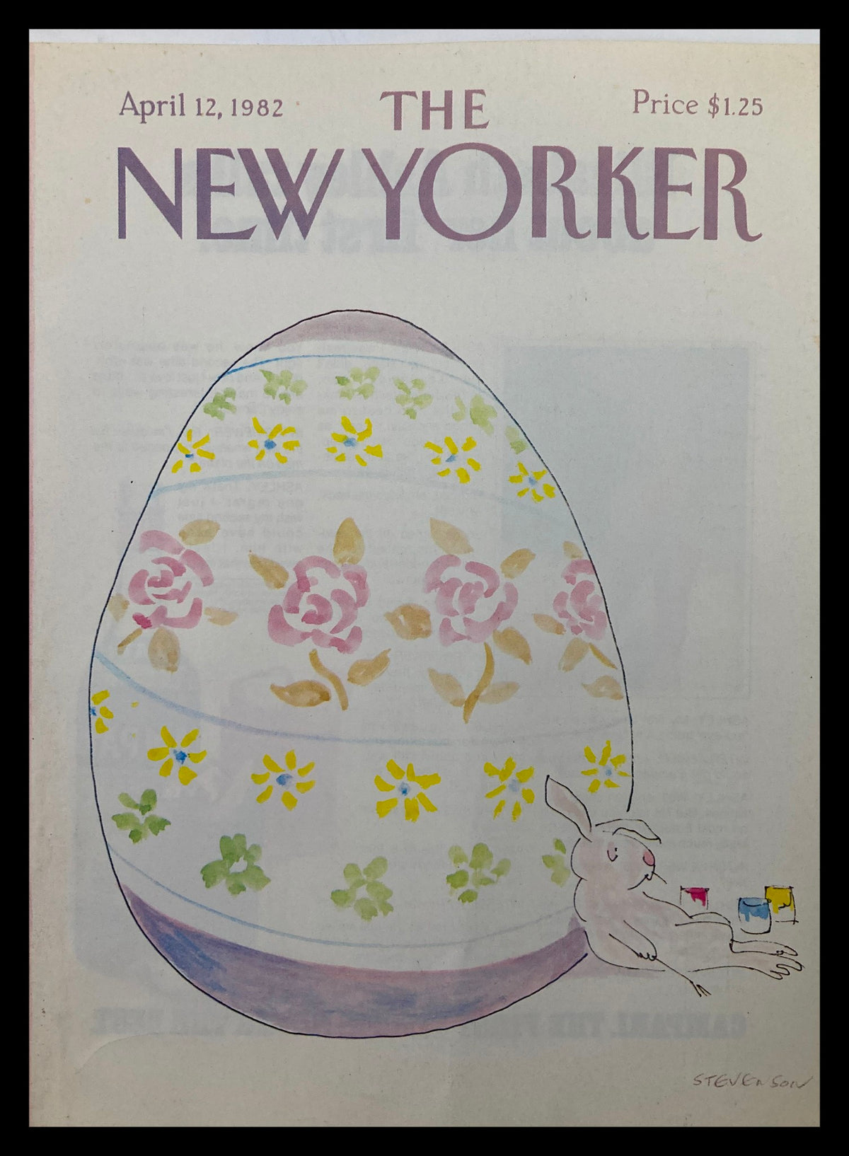 Cover only The New Yorker April 12 1982 featuring whimsical Giant Egg artwork by James Stevenson, depicting a beautifully decorated egg and a bunny in a playful scene.
