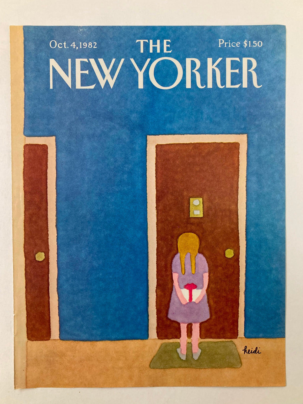 Cover only of The New Yorker, October 4, 1982 by Heidi Goennel, featuring a child holding a flower standing in front of a door.