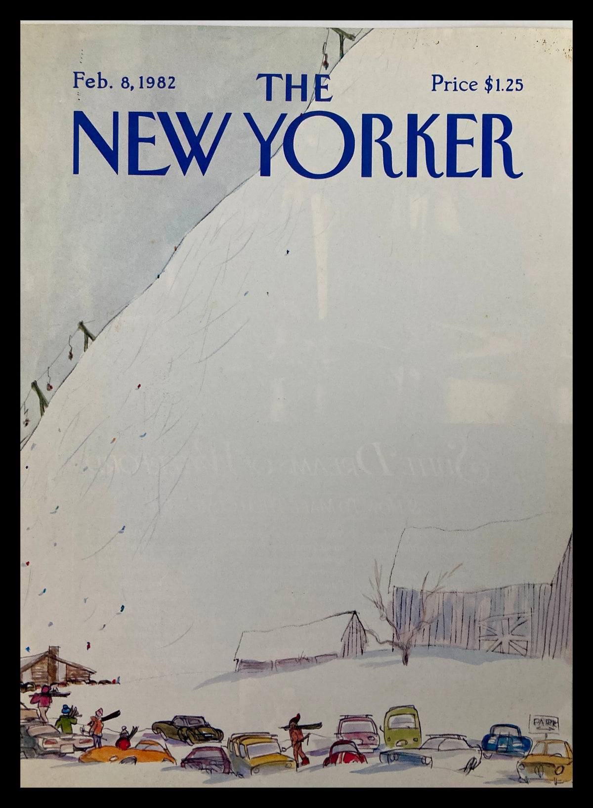 Cover of The New Yorker magazine dated February 8, 1982, featuring the design 'Stuck Cars Snow' by Stevenson, illustrating cars and people in a snowy landscape.