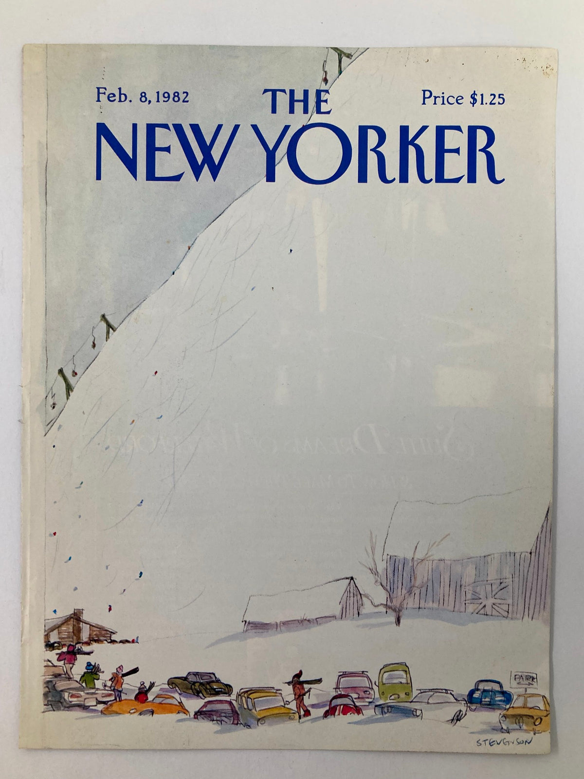 Front cover of The New Yorker from February 8, 1982, showcasing 'Stuck Cars Snow' by Stevenson, depicting a winter scene with colorful cars and individuals amidst snow.
