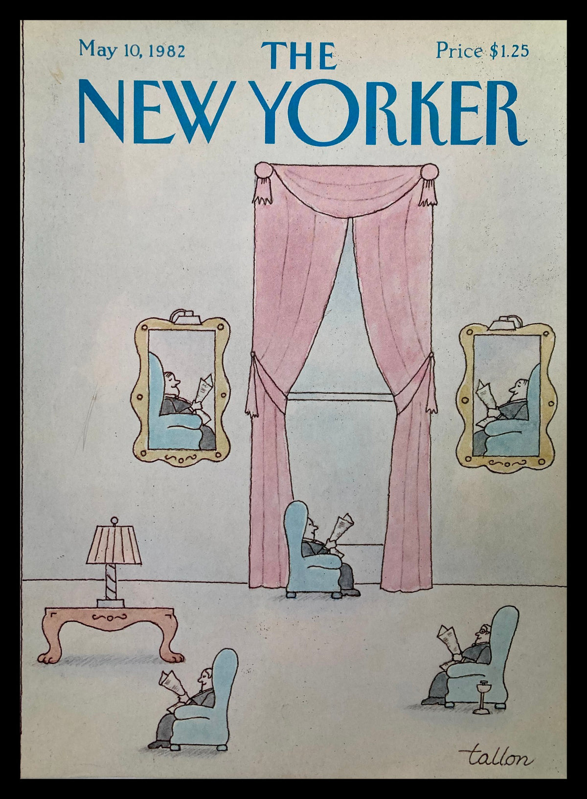 Cover of The New Yorker May 10 1982 featuring a businessman illustration by Robert Tallon, showcasing a room with pink curtains, a lamp, and multiple mirrors reflecting seated men reading.