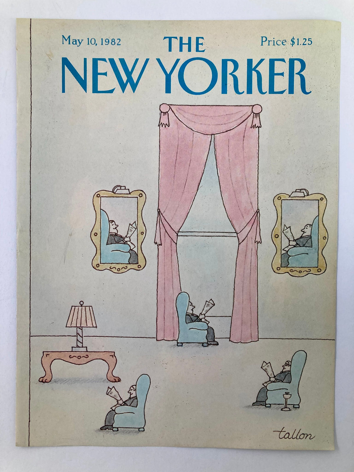 The New Yorker May 10 1982 cover design by Robert Tallon, depicting an interior scene with pink drapery, mirrors, and businessmen seated comfortably reading, emphasizing 1980s artistic style.