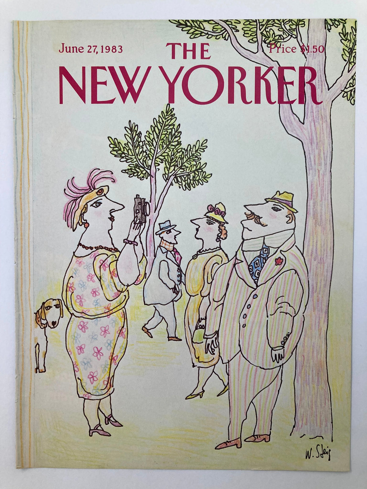 The New Yorker June 27 1983 cover showcasing the playful artwork 'Smile' by William Steig, highlighting a gathering of fashionable individuals with a dog.