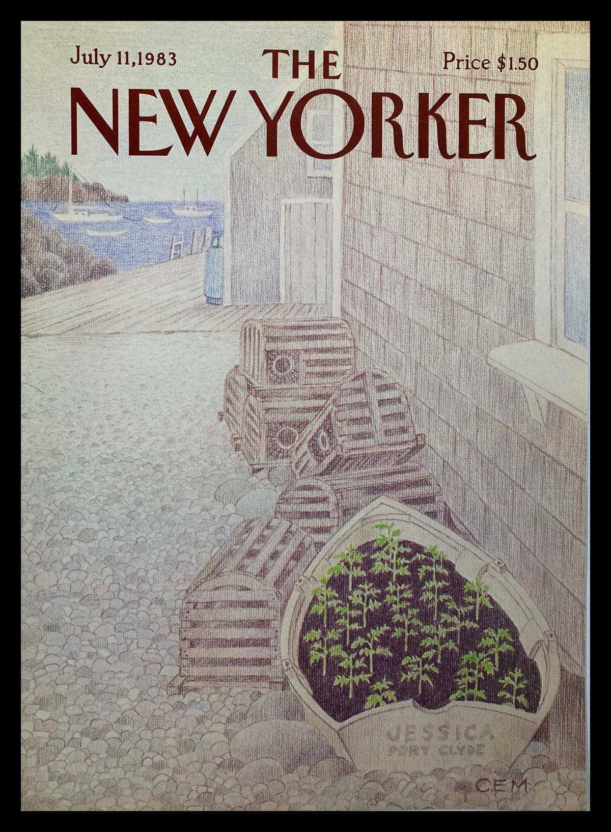 Cover of The New Yorker dated July 11, 1983 featuring artwork titled 'Port Clyde' by Charles E. Martin, showcasing coastal scenery with crates and a boat with plants.