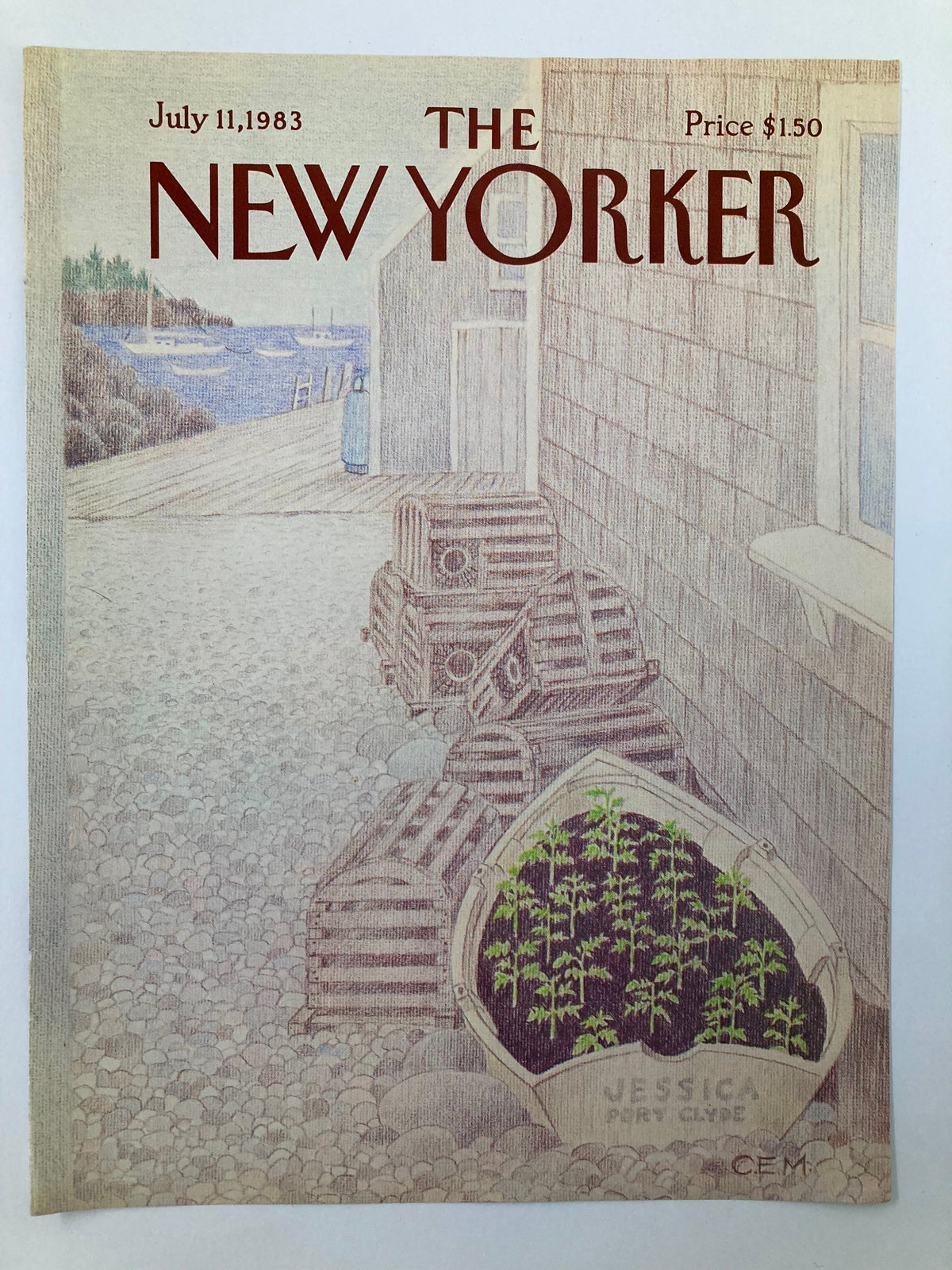 The New Yorker cover from July 11, 1983 illustrating 'Port Clyde' by Charles E. Martin, displaying a picturesque coastal view with wooden crates and a garden boat.