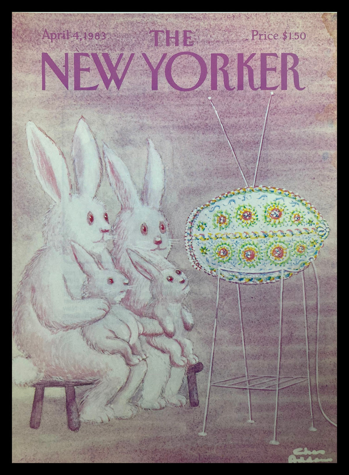 Cover of The New Yorker dated April 4, 1983, featuring quirky illustration 'Bunny TV' by Chas Addams, depicting a family of rabbits watching a decorative television.