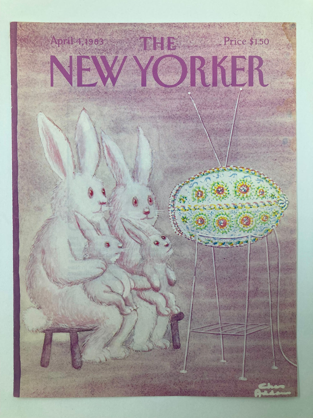 The New Yorker cover from April 4, 1983, showcases Chas Addams' whimsical art titled 'Bunny TV', featuring cartoon rabbits and a colorful television set.
