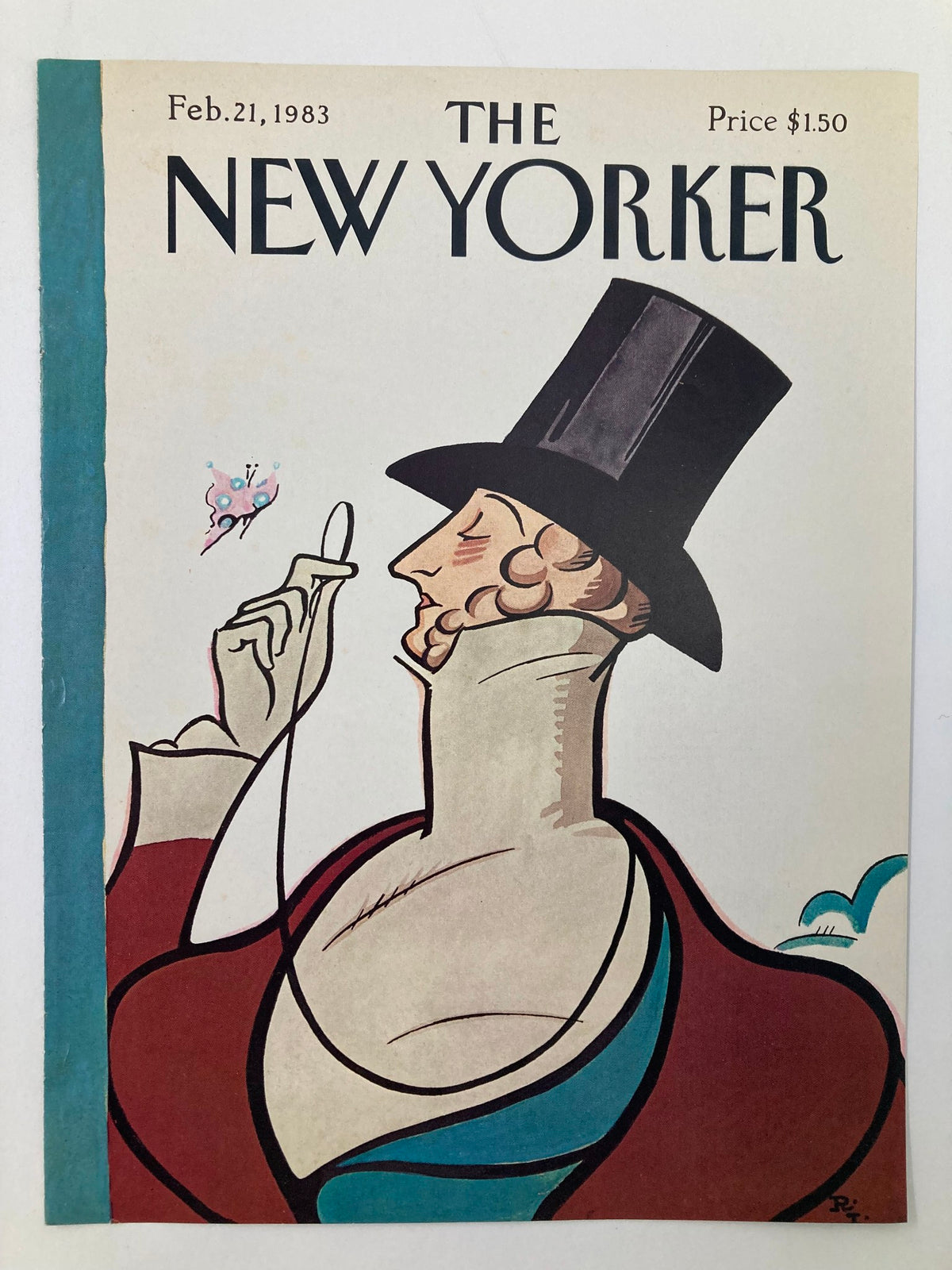 Cover design of The New Yorker from February 21, 1983, with the artwork 'The Gamemaster' by Ira Levin, depicting a suave man holding a monocle.