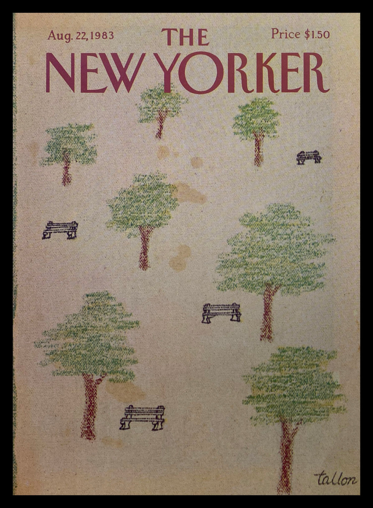 COVER ONLY The New Yorker August 22 1983 featuring the artwork 'Bench Park' by Robert Tallon, showcasing green trees and park benches on a vintage magazine cover.