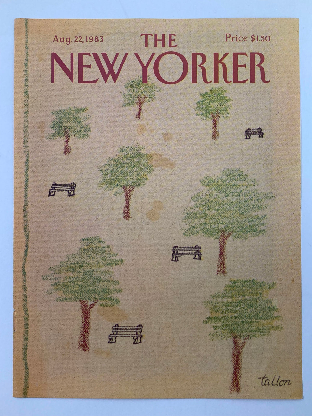COVER ONLY The New Yorker August 22 1983 depicting the illustration 'Bench Park' by Robert Tallon, with a serene park scene featuring trees and benches.
