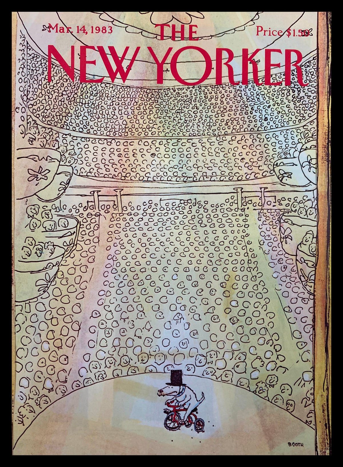 The New Yorker March 14 1983 cover featuring 'Big Crowd' artwork by George Booth, showcasing a whimsical illustration with a large audience, ideal for collectors and art enthusiasts.