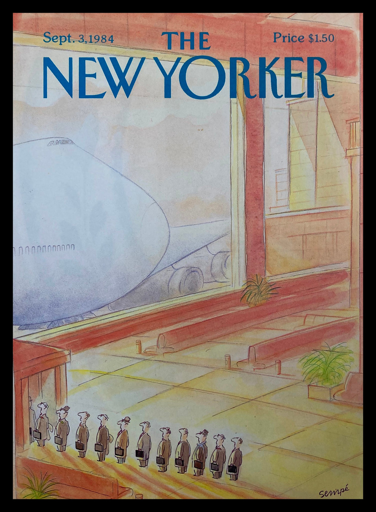 COVER ONLY The New Yorker September 3 1984 Boarding by J. J. Sempe, featuring a whimsical illustration of a group of individuals boarding an airplane, showcasing vintage magazine art.