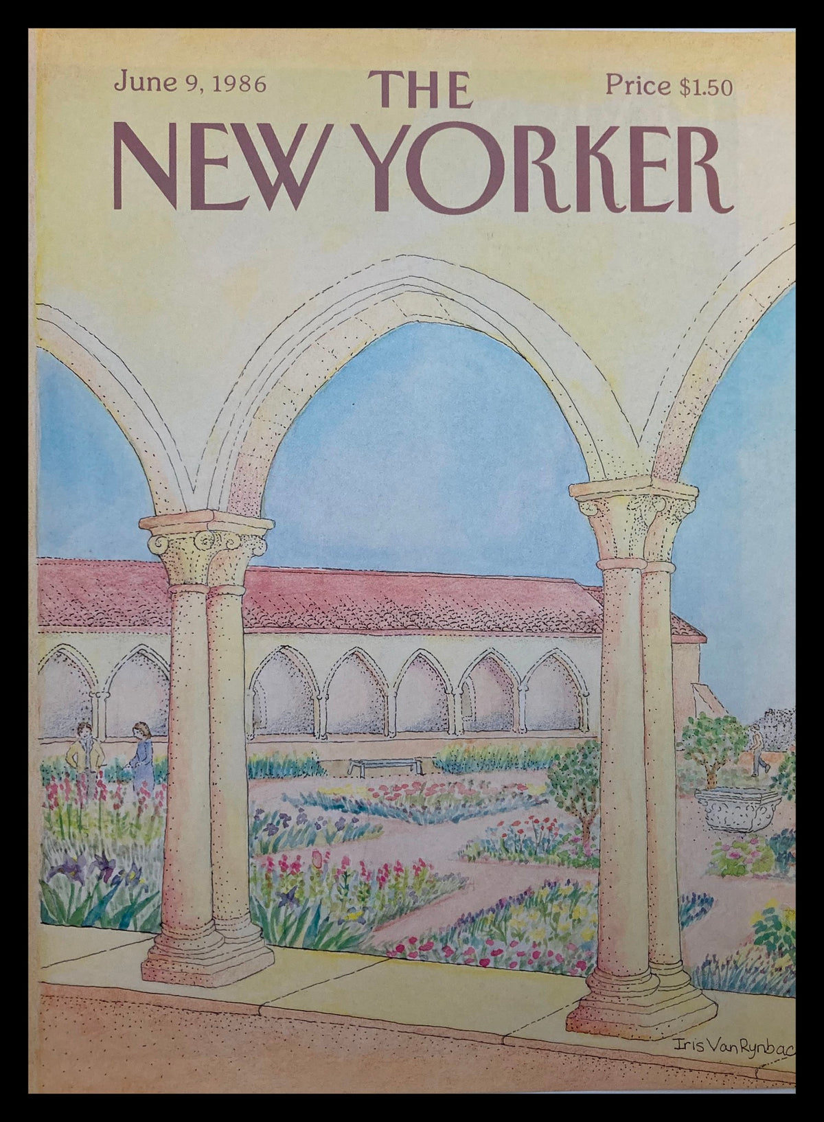 The New Yorker cover from June 9, 1986, titled 'Garden Escape' by Iris Van Rynbach, featuring a vibrant illustration of a serene garden with arches and floral details.
