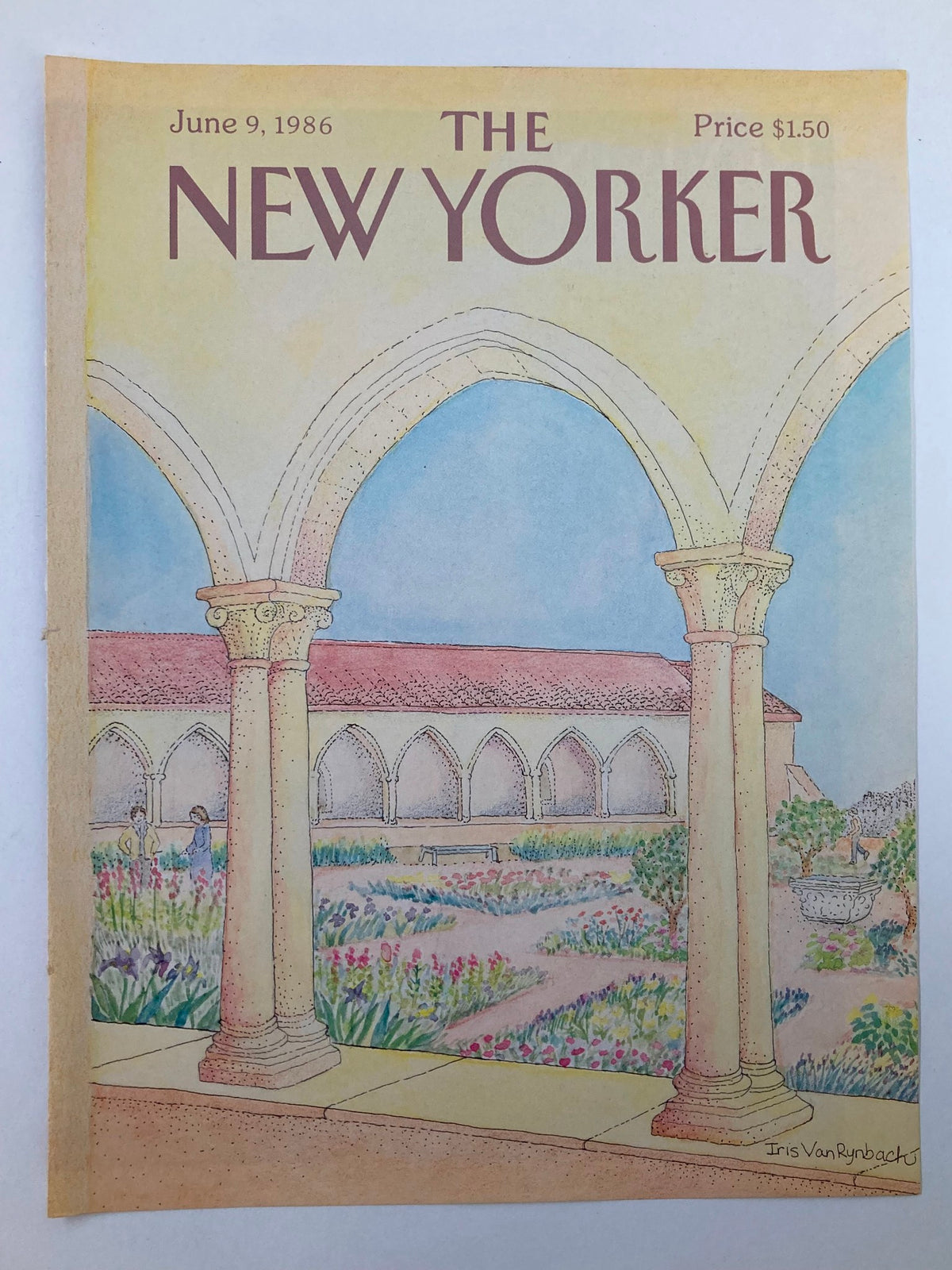 The New Yorker cover from June 9, 1986, titled 'Garden Escape' by Iris Van Rynbach, showcasing an artistic depiction of a tranquil garden with arches and figures among blooming flowers.