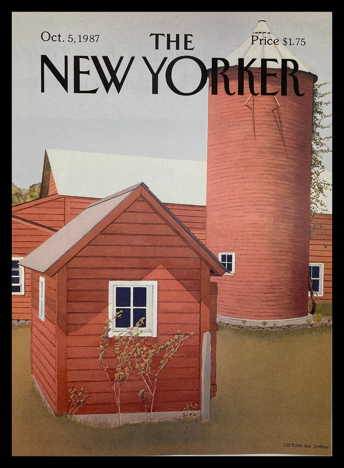 COVER ONLY The New Yorker October 5 1987 Red Barn by Gretchen Simpson, showcasing iconic artwork of a red barn and a silo set against a tranquil rural background.