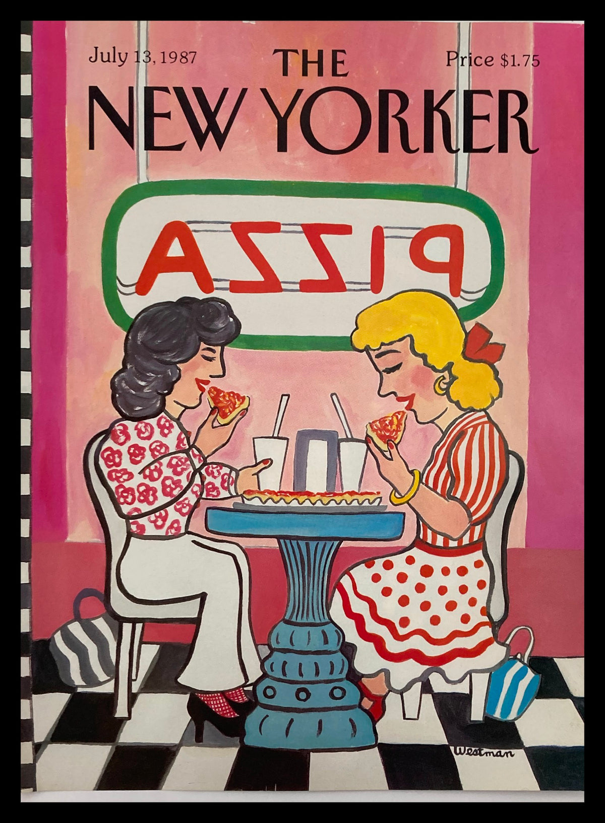 The New Yorker July 13 1987 cover featuring a colorful illustration of two women enjoying pizza at a restaurant, designed by Barbara Westman. The cover reflects the whimsical style of the magazine and highlights the cultural significance of pizza in American dining.