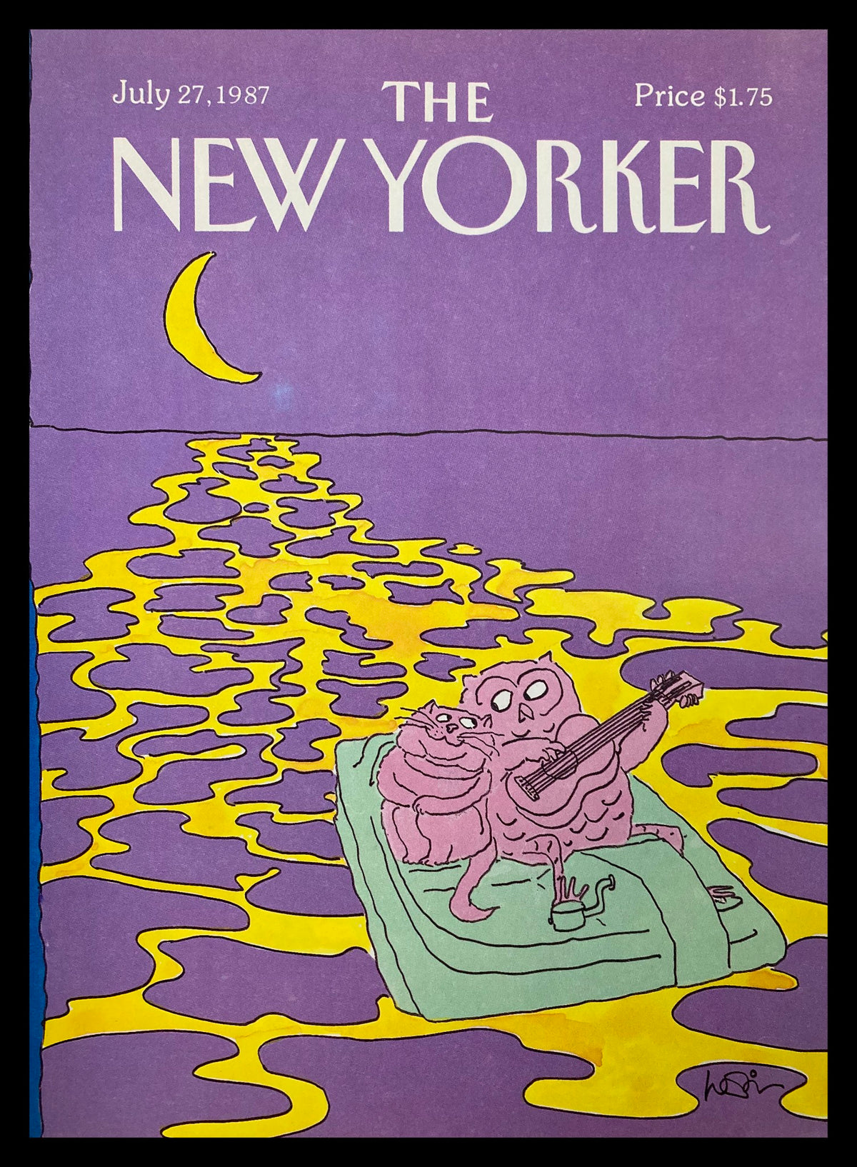 COVER ONLY The New Yorker July 27 1987 featuring the whimsical 'Moonlight Date' illustration by Heidi Goennel, showcasing a purple sky, a crescent moon, and a cat and owl enjoying music on a floating raft.