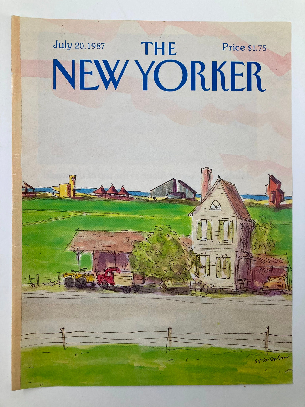 Cover Only The New Yorker July 20 1987 with the artwork 'By The Bay' by James Stevenson, showcasing a tranquil scene with a farm, greenery, and houses.