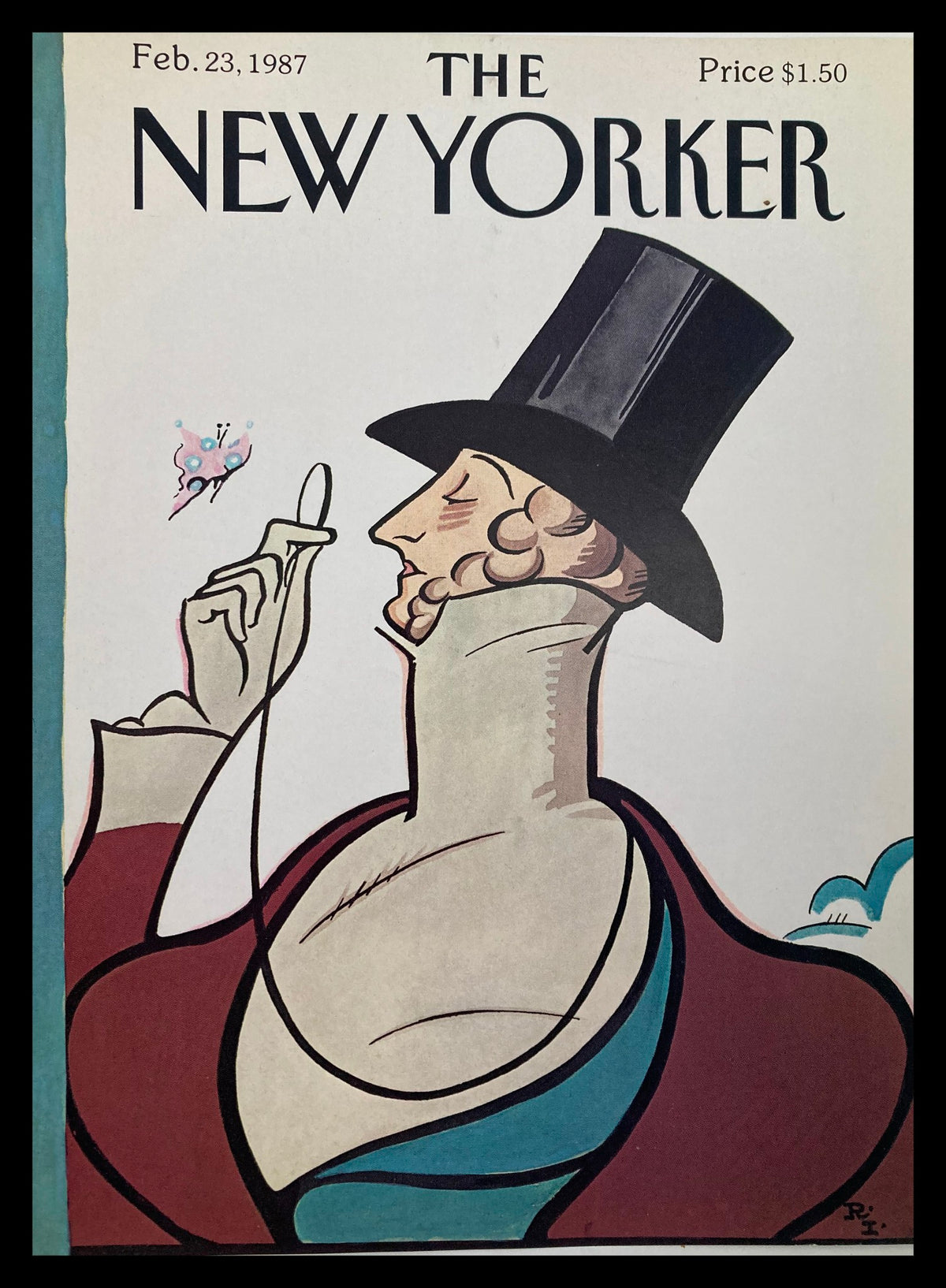 Cover of The New Yorker from February 23, 1987 titled 'Mastermind' by Ira Levin featuring a distinguished figure in a top hat, illustrating a blend of art and nostalgia.