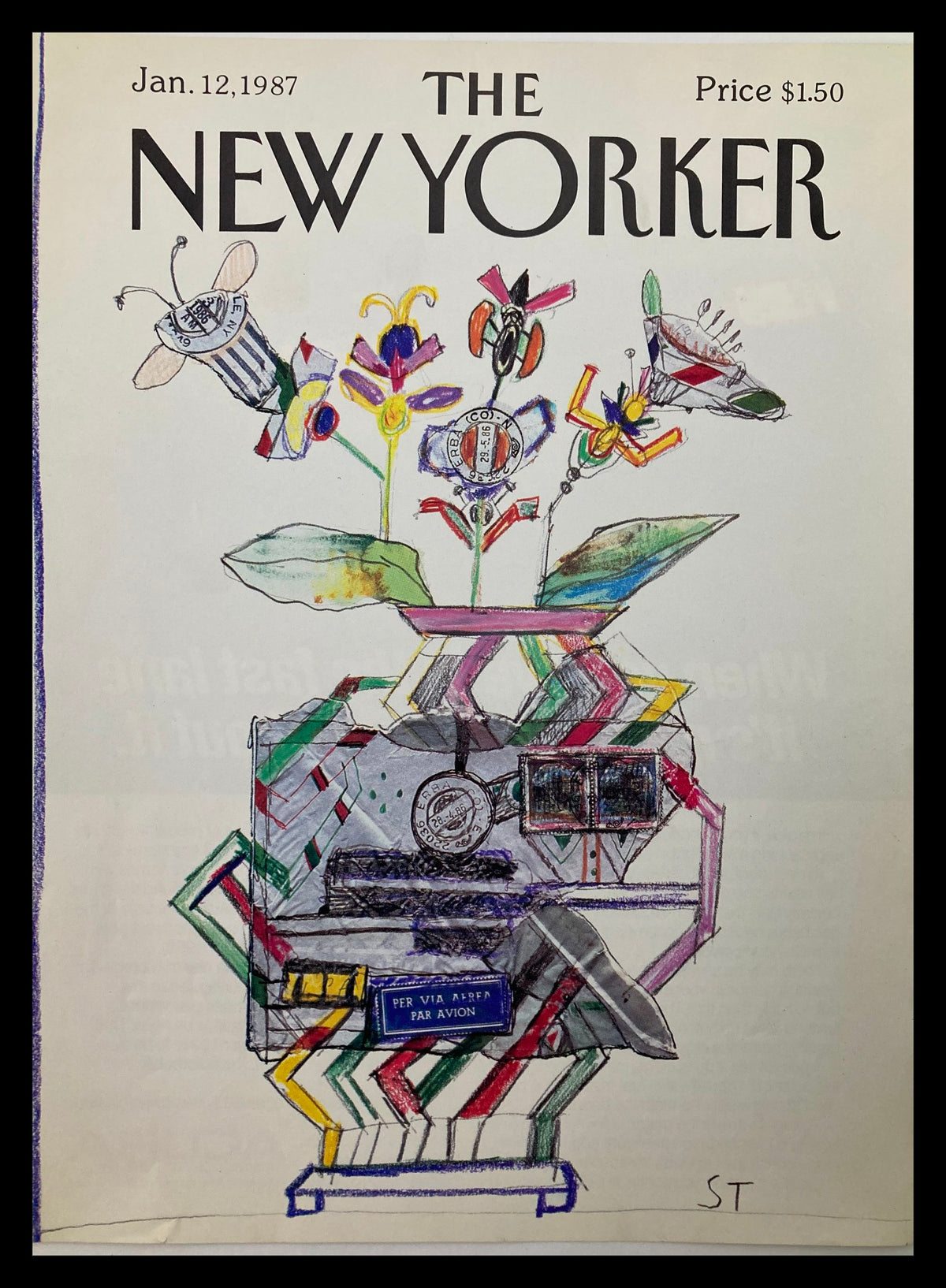 Cover of The New Yorker January 12, 1987, titled 'Par Avion' by Saul Steinberg, featuring vibrant floral designs and whimsical illustrations with a color palette. Perfect collectible for art and magazine enthusiasts.