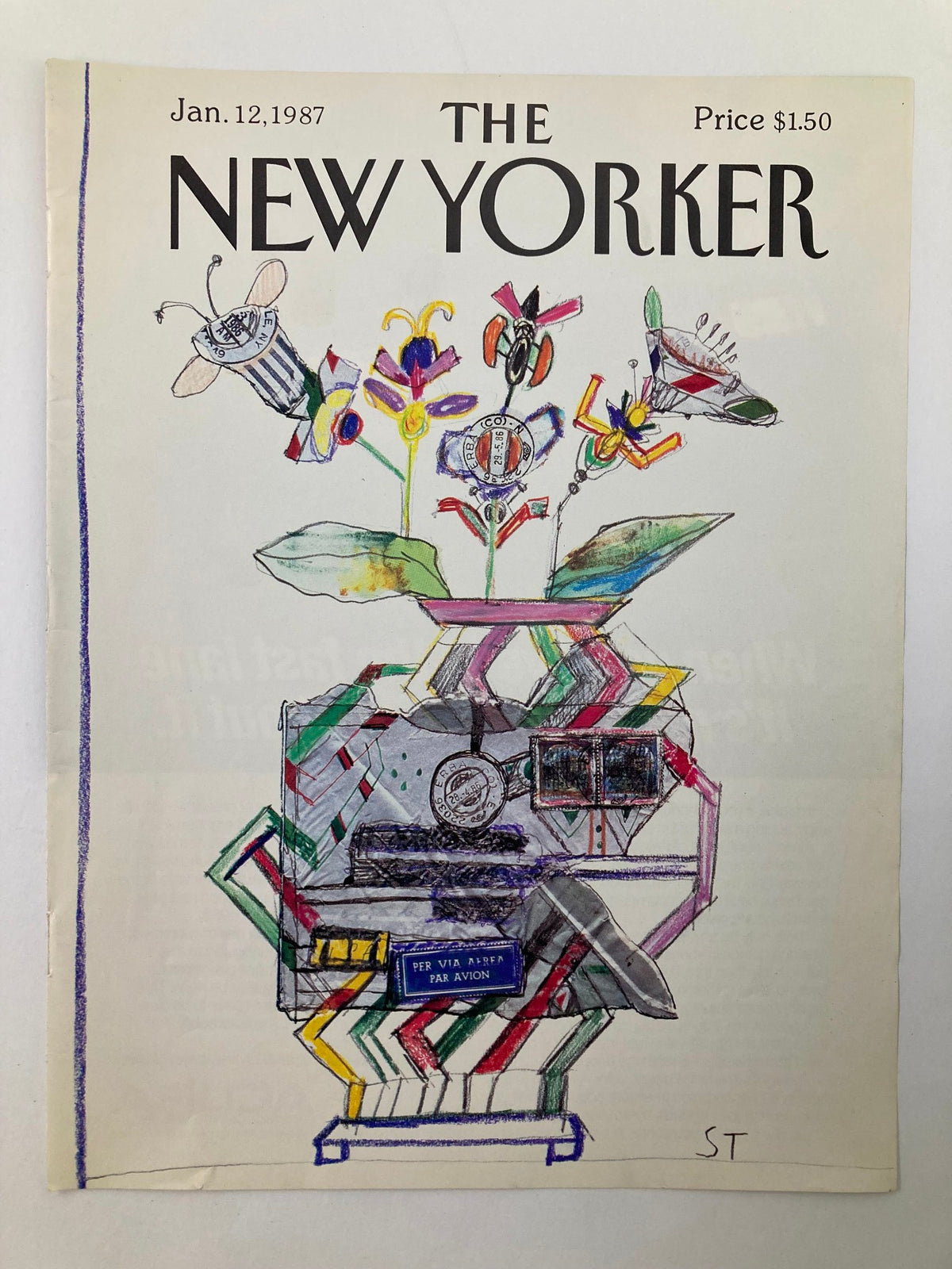 Cover of The New Yorker January 12, 1987, titled 'Par Avion' by Saul Steinberg, showcasing colorful illustrations of flowers and quirky elements, making it a unique addition for collectors and art lovers.