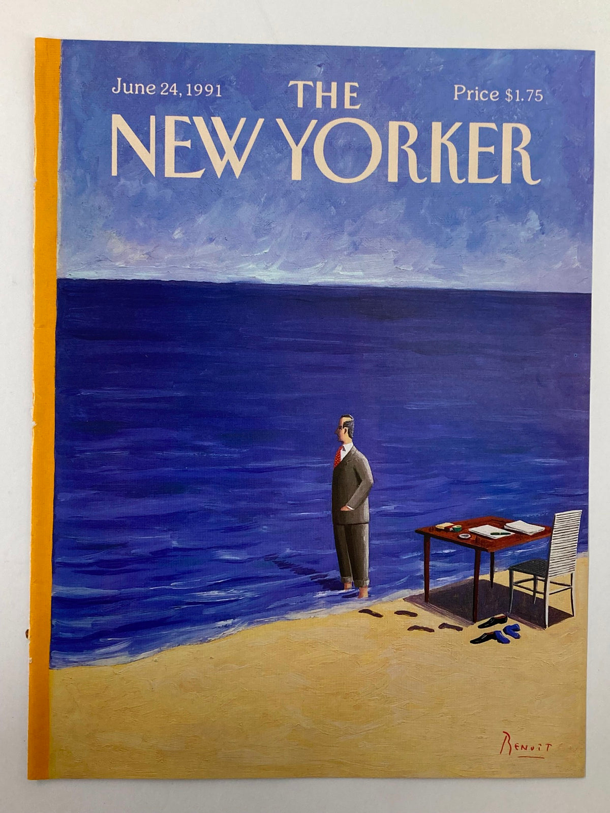 COVER ONLY The New Yorker June 24 1991 featuring the artwork 'Beach Office' by Benoit van Innis, depicting a businessman in a suit standing by the ocean, with a desk and chair on the beach, capturing the blend of work and leisure.