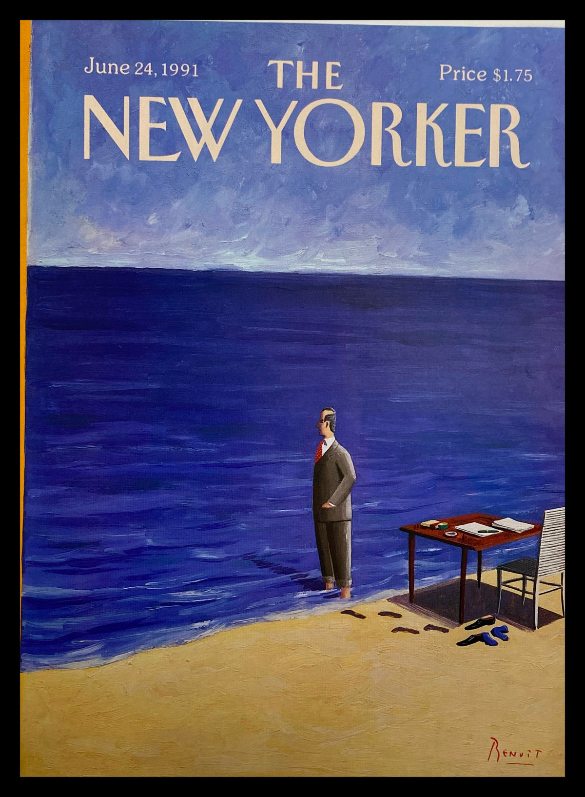 COVER ONLY The New Yorker June 24 1991 Beach Office featuring a man in a suit standing by the ocean next to a table and chair. The artistic illustration by Benoit van Innis captures the essence of summer leisure and work.