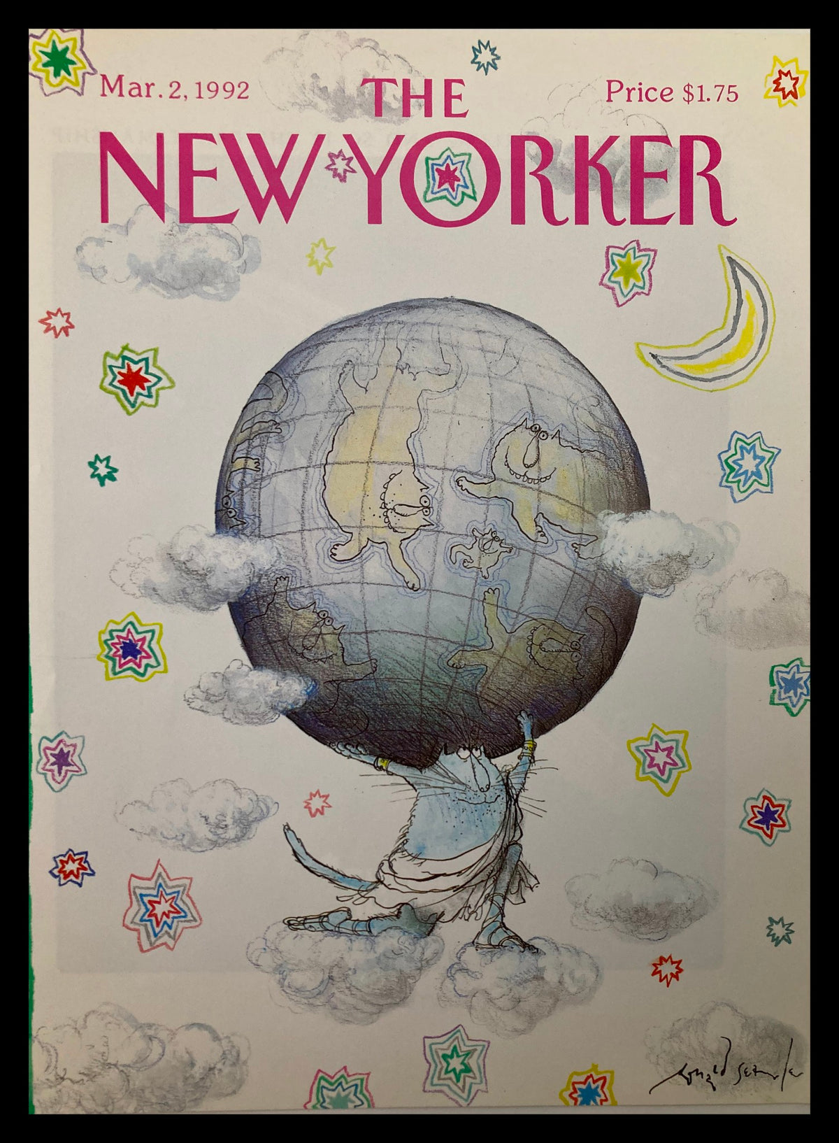 COVER ONLY The New Yorker March 2 1992 Cat World by Ronald Searle featuring a whimsical illustration of a cat holding up a globe amidst colorful stars and clouds.