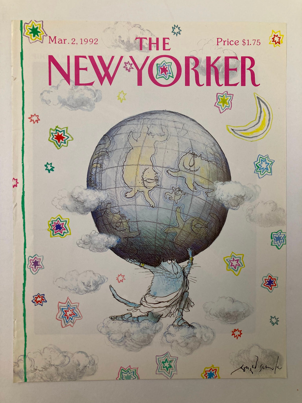 COVER ONLY The New Yorker March 2 1992 Cat World by Ronald Searle displaying a playful cat lifting a globe surrounded by vibrant stars and whimsical clouds.