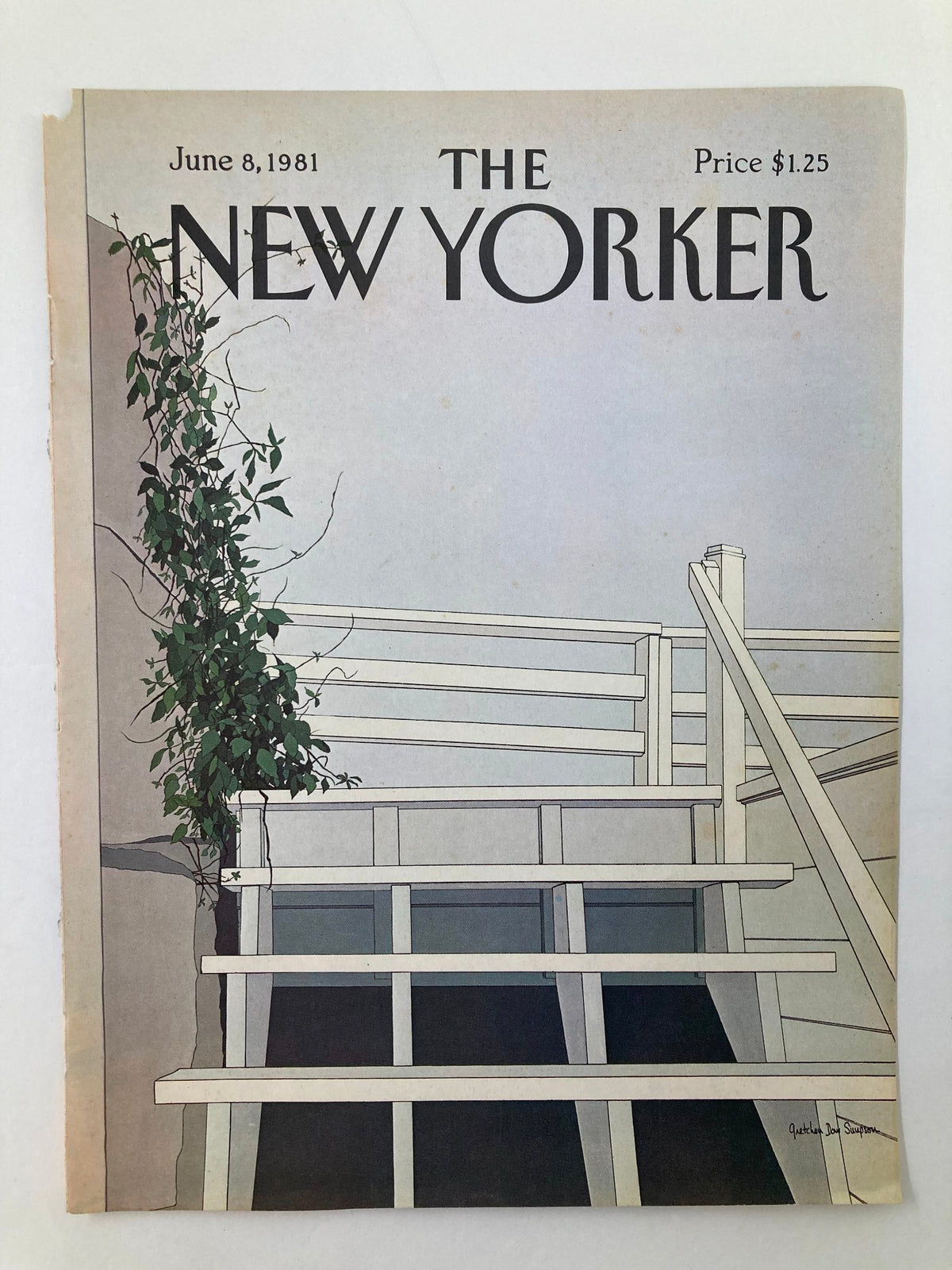 Vintage cover of The New Yorker dated June 8 1981, illustrated with 'White Stairs' by Gretchen Simpson, displaying a unique artistic style and landscape.