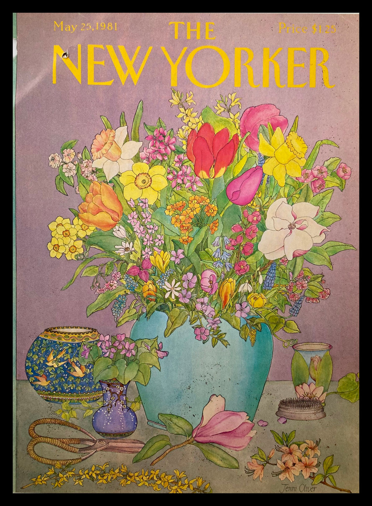 COVER ONLY The New Yorker May 25 1981 Flower Vase by Jenni Oliver. This vintage magazine cover features an intricate floral arrangement in a blue vase, showcasing vibrant colors and artistic detail.