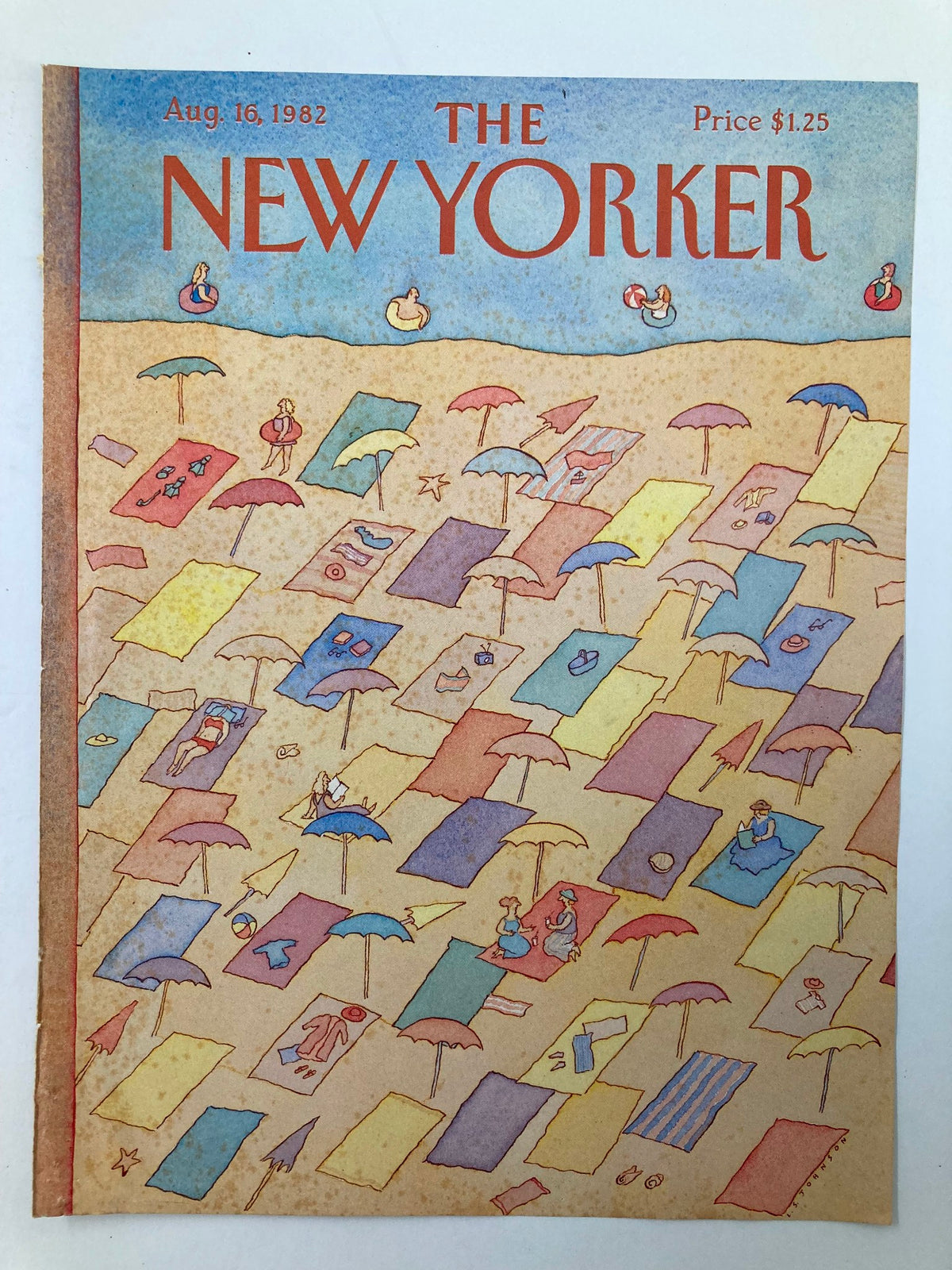 The New Yorker August 16 1982 magazine cover displaying Beach Vibe artwork by L.S. Johnson, with vibrant beach scenes featuring umbrellas and lounging beachgoers.